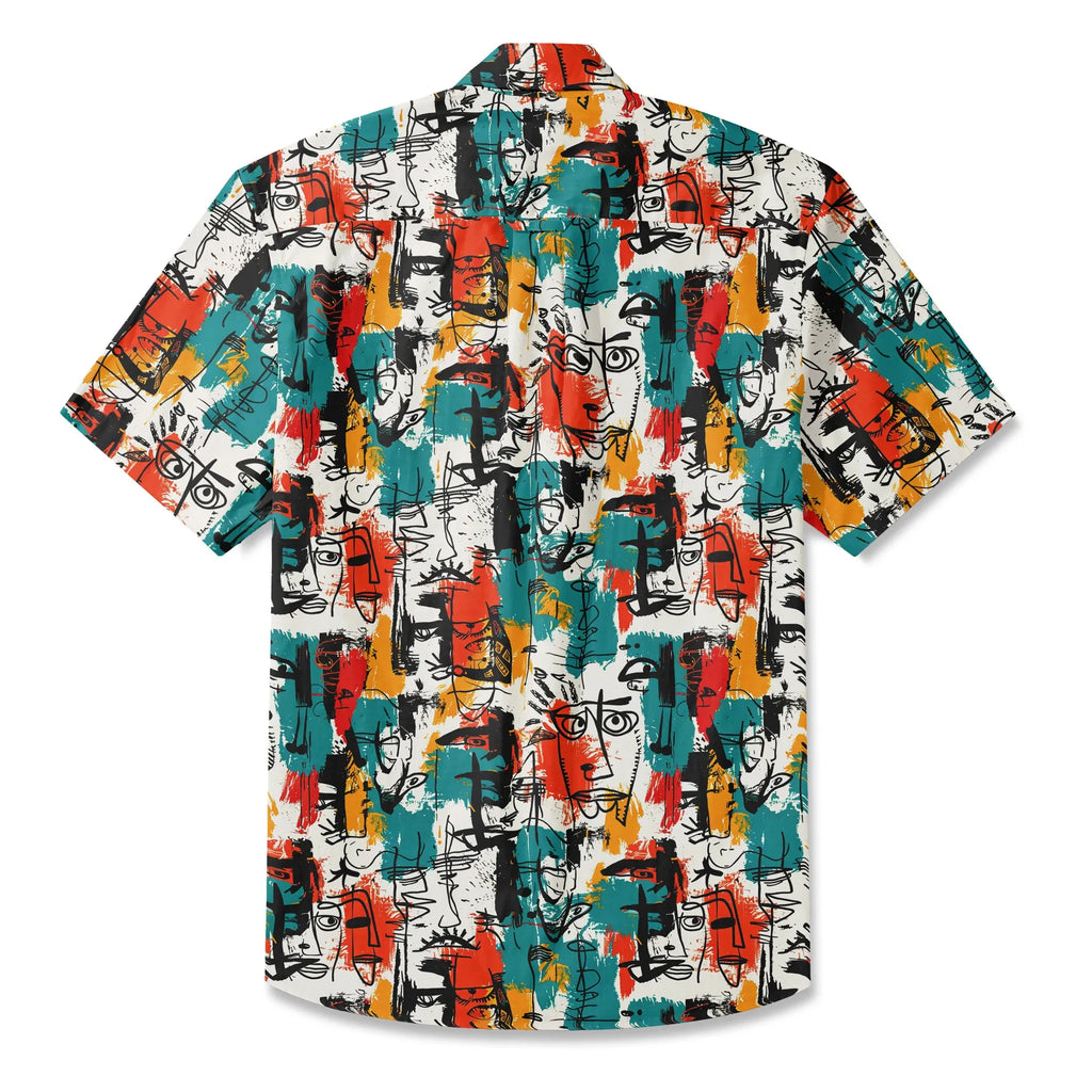 LeosWare® Men's Hawaiian Shirt Short Sleeve Button-up 100% Cotton Aloha Face Doodle By Ann