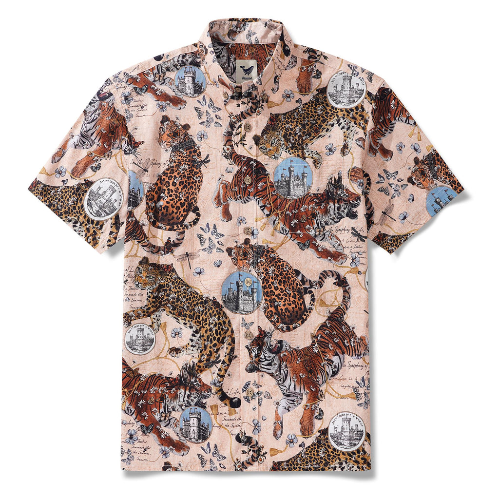 Men's Hawaiian Shirt Short Sleeve Button-down 100% Cotton Beige Aloha Wild Romance By Zeke