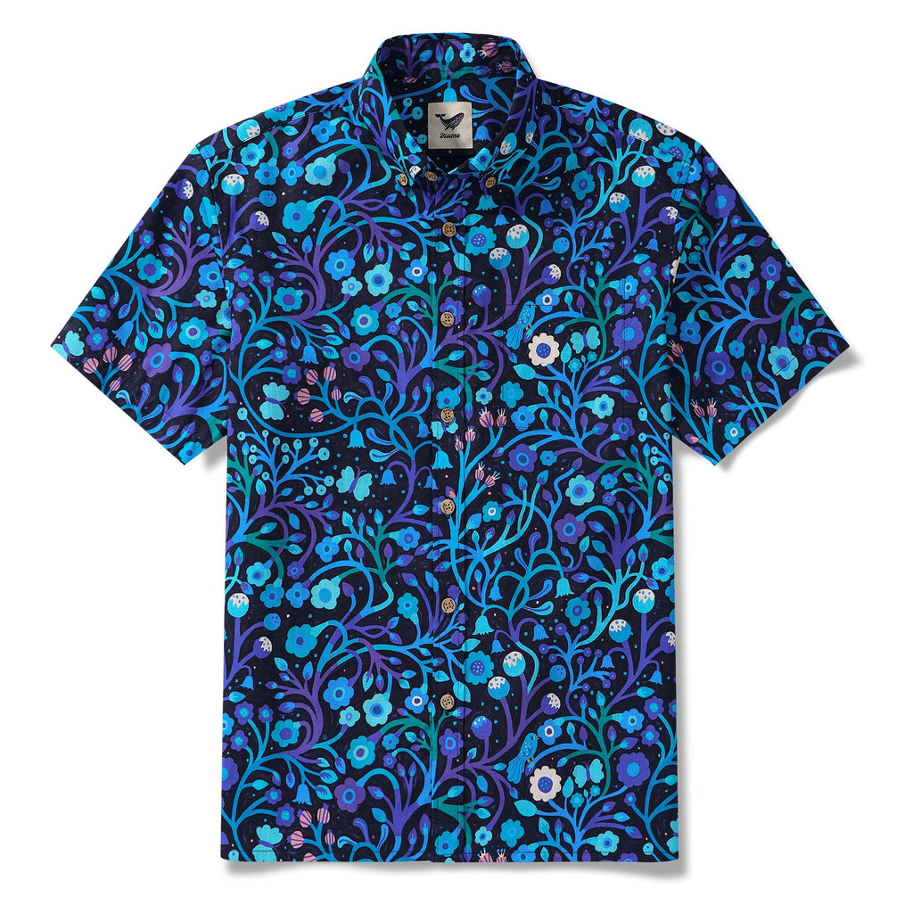 Yiume Men's Blue and Purple Hawaiian Shirt Short Sleeve Button-down Shirt 100% Cotton Aloha Shirt By Mo