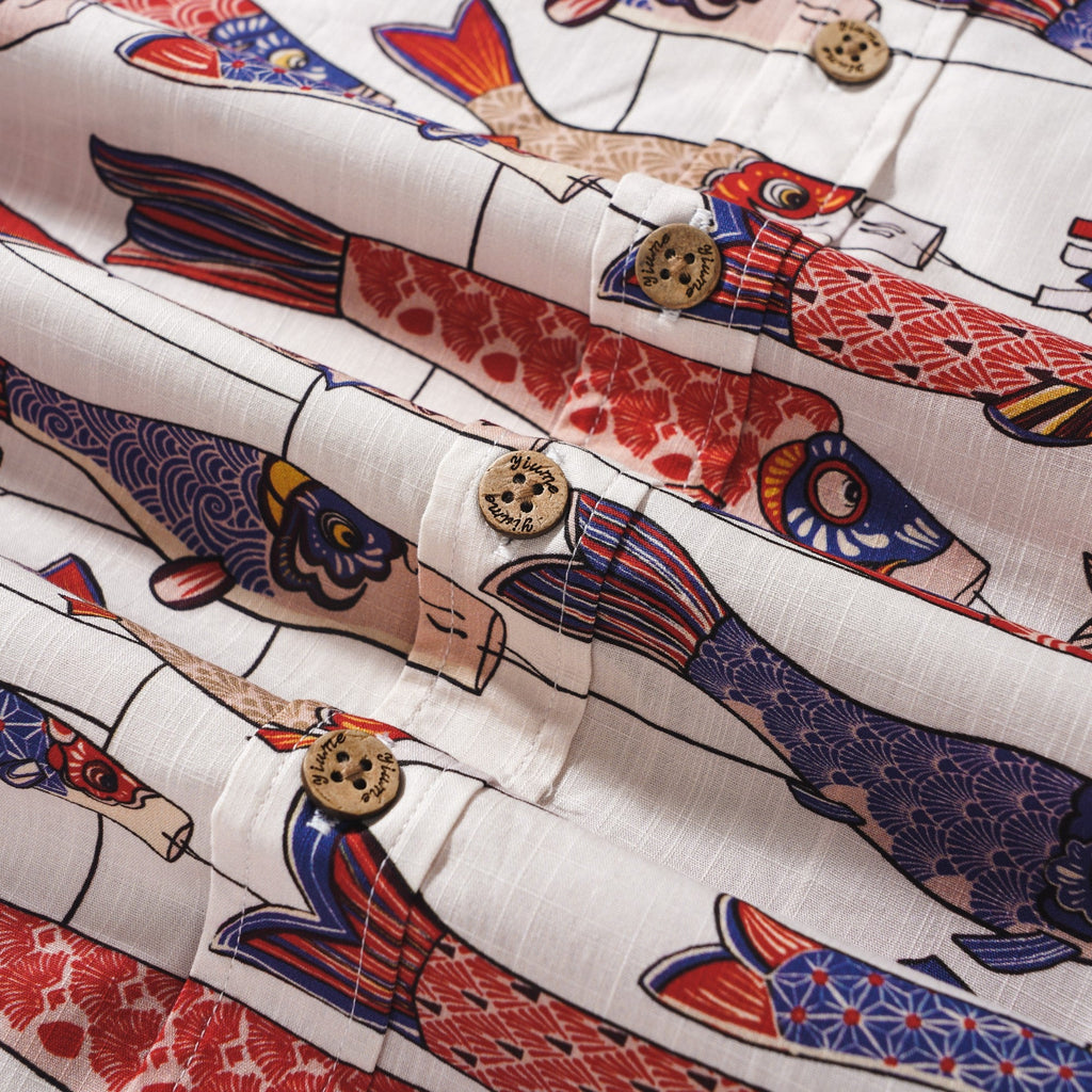 Men's Hawaiian Shirt Short Sleeve Button-down 100% Cotton Beige Aloha Koi in the Wind By DUDU