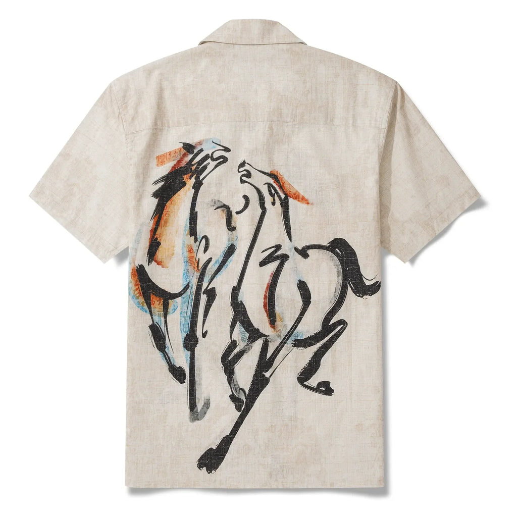Men's Hawaiian Shirt Short Sleeve Camp Collar 100% Cotton Beige Aloha Horse Fortunate Gallop Year of the Horse 2026 By Huan huan