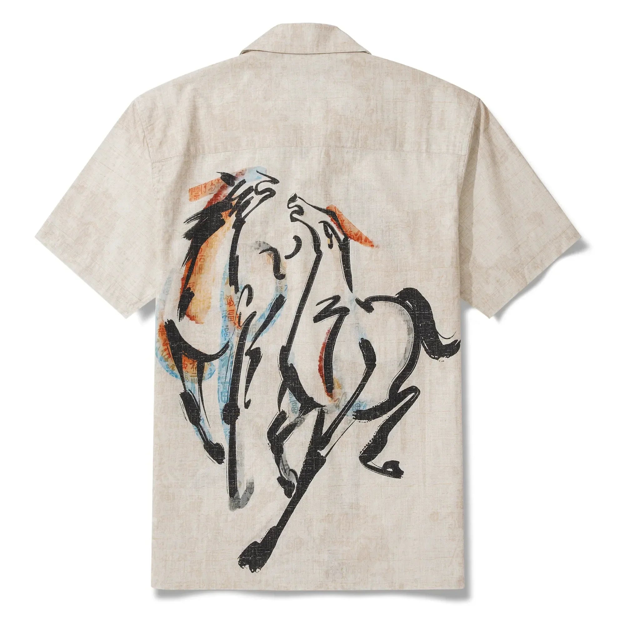 Men's Hawaiian Shirt Short Sleeve Camp Collar 100% Cotton Beige Aloha Horse Fortunate Gallop Year of the Horse 2026 By Huan huan