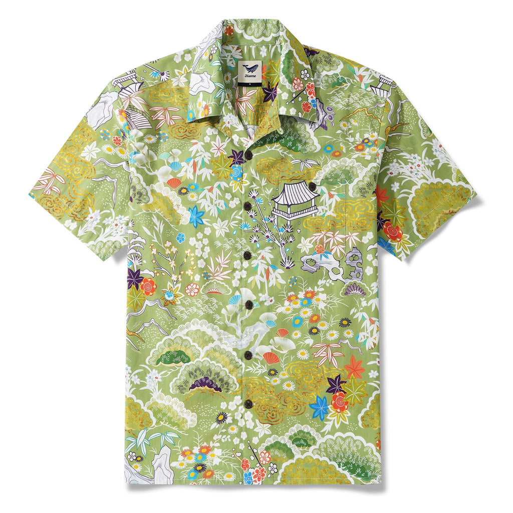 Men's Hawaiian Shirt Short Sleeve Camp Collar 100% Cotton Aloha Enchanting Jade Wilderness By Sylvia