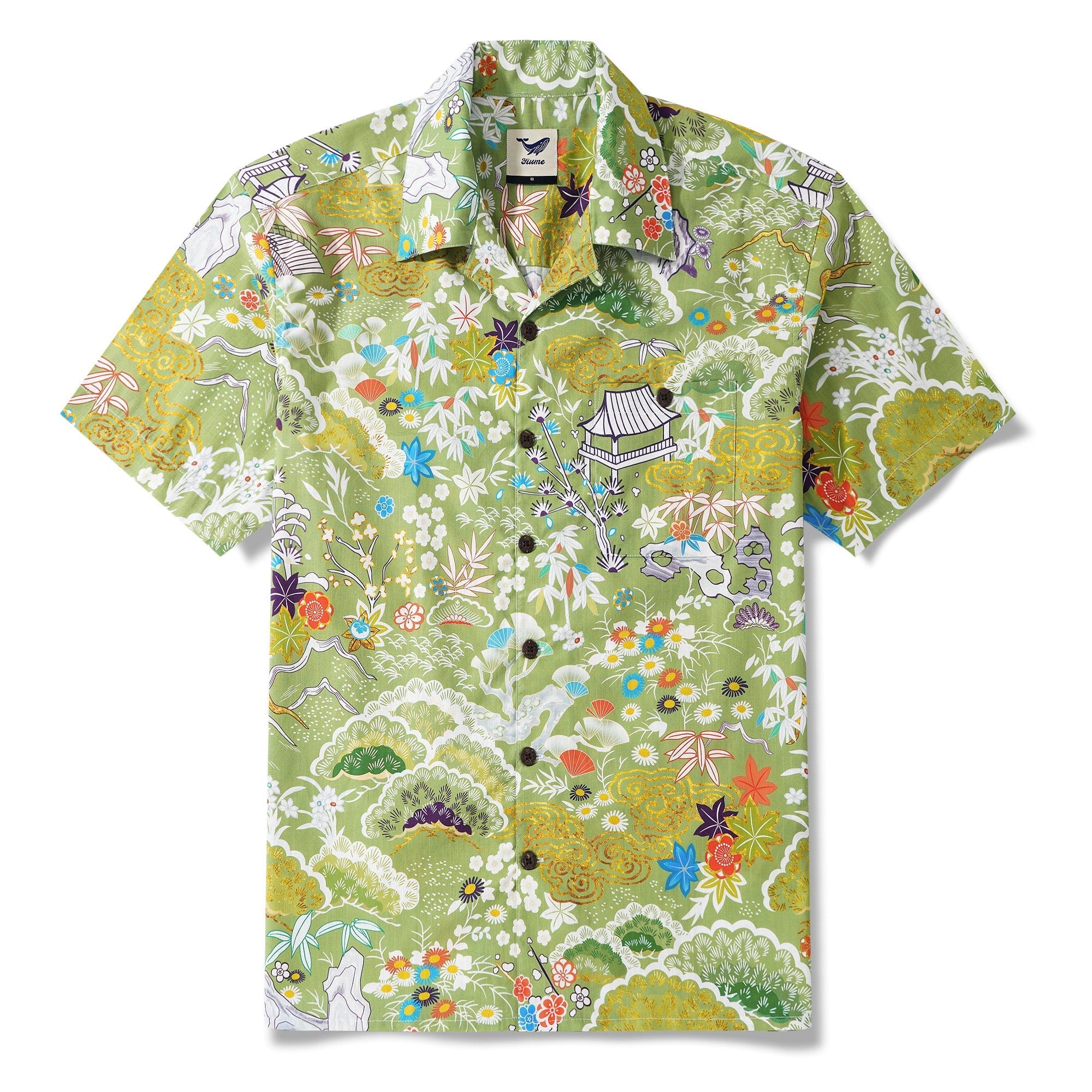 Men's Hawaiian Shirt Short Sleeve Camp Collar 100% Cotton Aloha Enchanting Jade Wilderness By Sylvia
