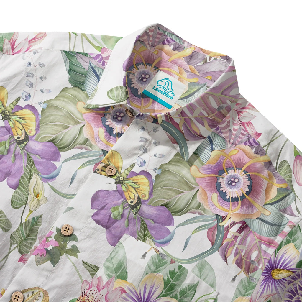 LeosWare® Chemise hawaïenne pour homme à manches courtes, boutonnée, 100% coton, Aloha Symphonie de Vitalité, Bouquet Floral par Huan huan