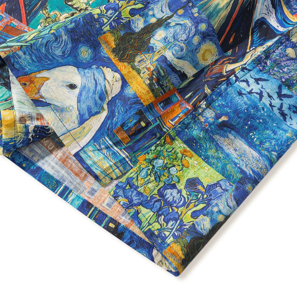 Men's Hawaiian Shirt Short Sleeve Camp Collar 100% Cotton Blue Aloha Starry Night Cat Fantasy By Mo