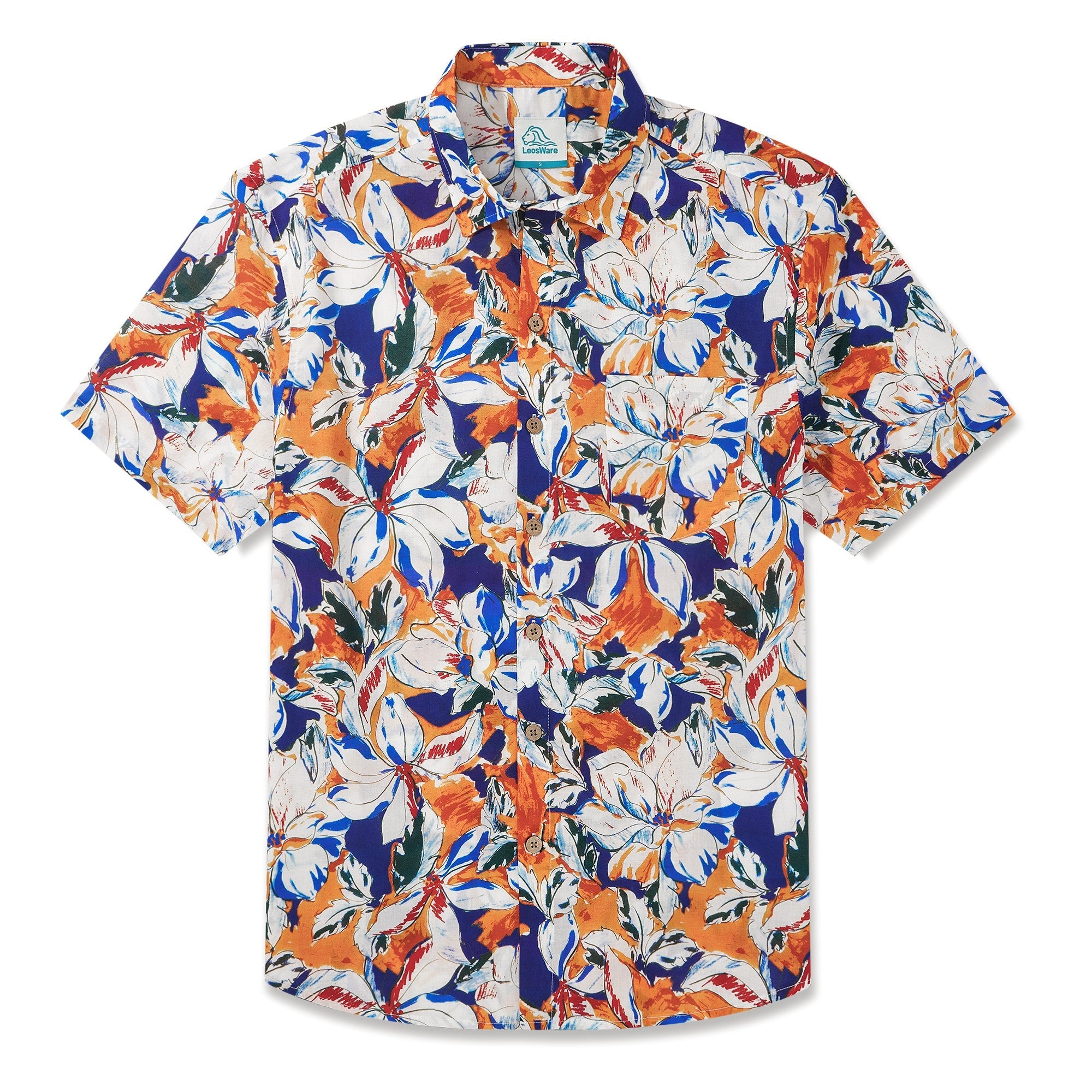 LeosWare® Men's Hawaiian Shirt Short Sleeve Button-up 100% Cotton Blue Aloha Blue Tropical Floral Illustration By Ethan