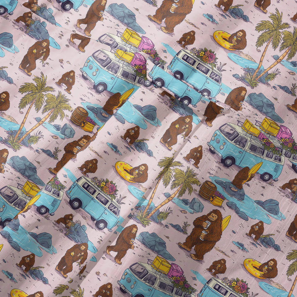 LeosWare® Men's Hawaiian Shirt Short Sleeve Button-up 100% Cotton Aloha Pink Camping With Bigfoot By Ann