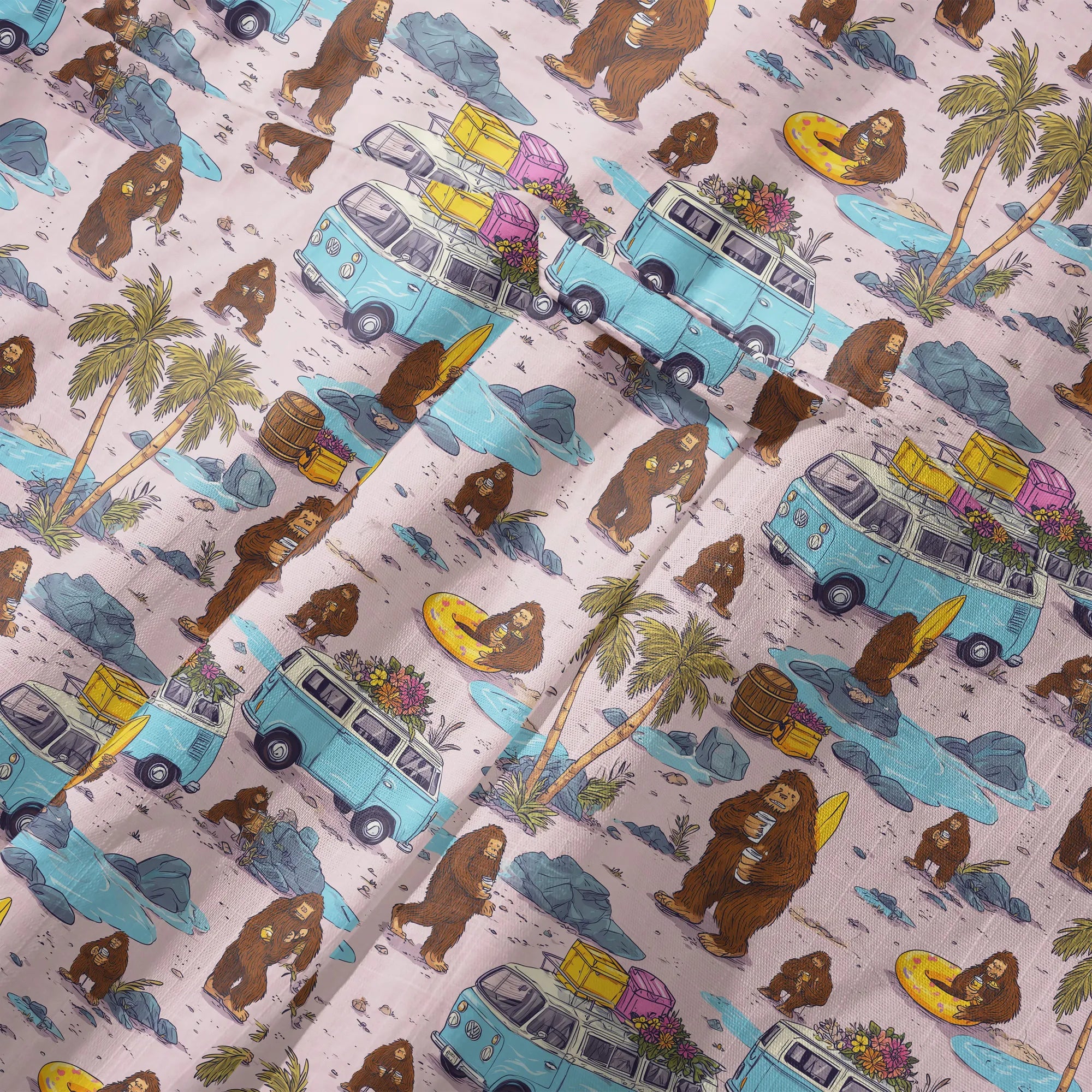 LeosWare® Men's Hawaiian Shirt Short Sleeve Button-up 100% Cotton Aloha Pink Camping With Bigfoot By Ann