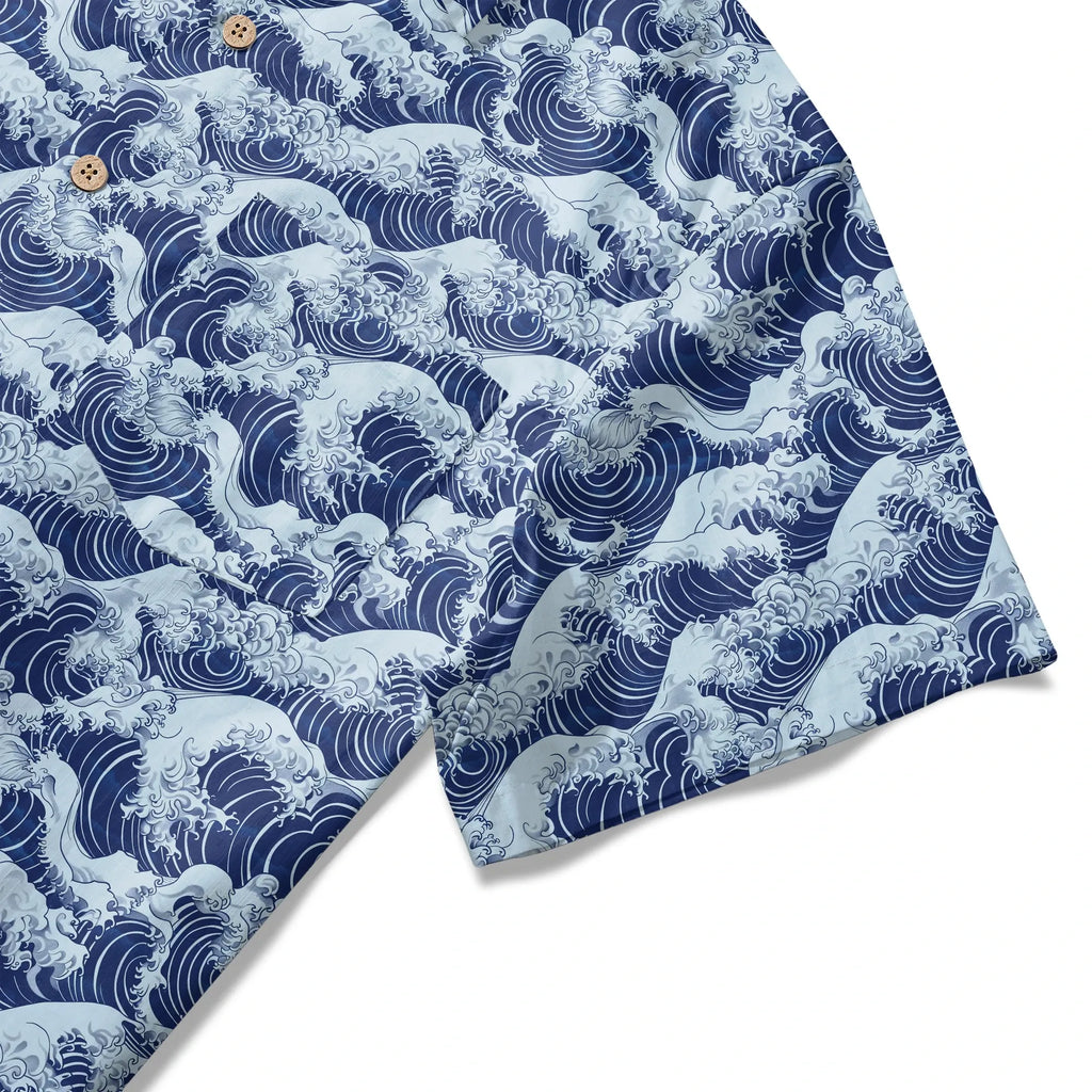 LeosWare® Men's Hawaiian Shirt Short Sleeve Button-up 100% Cotton Blue Aloha Blue Wave World By Ann