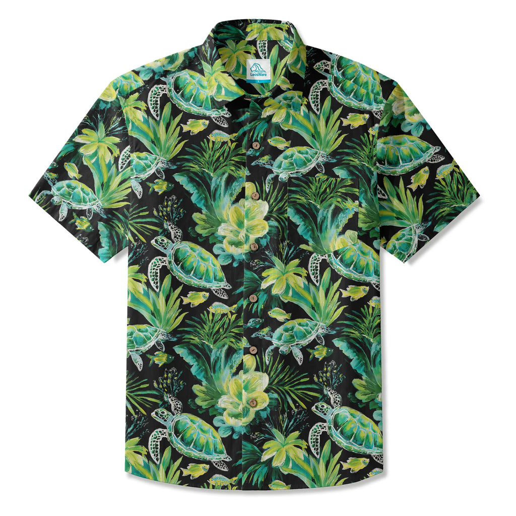 LeosWare® Men's Hawaiian Shirt Short Sleeve Button-up 100% Cotton Green Aloha Deep Sea Green Reflection By Ann