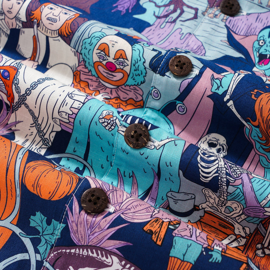 Halloween Gift Men's Hawaiian Shirt Short Sleeve Camp Collar 100% Cotton White Aloha Midnight Halloween/Dante's Halloween By Huan huan