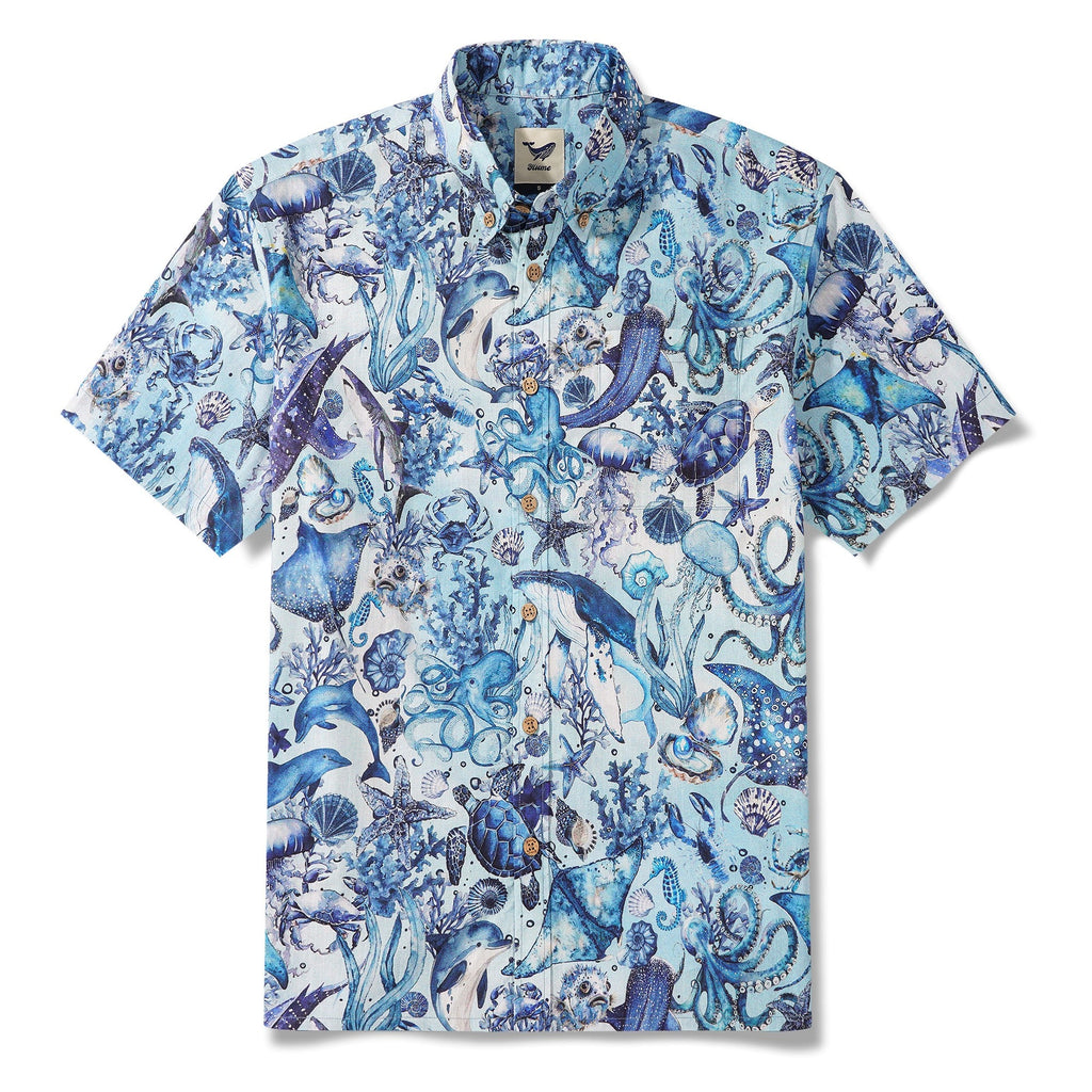 Men's Hawaiian Shirt Short Sleeve Button-down 100% Cotton Blue Aloha Watercolor Ocean By Yakima