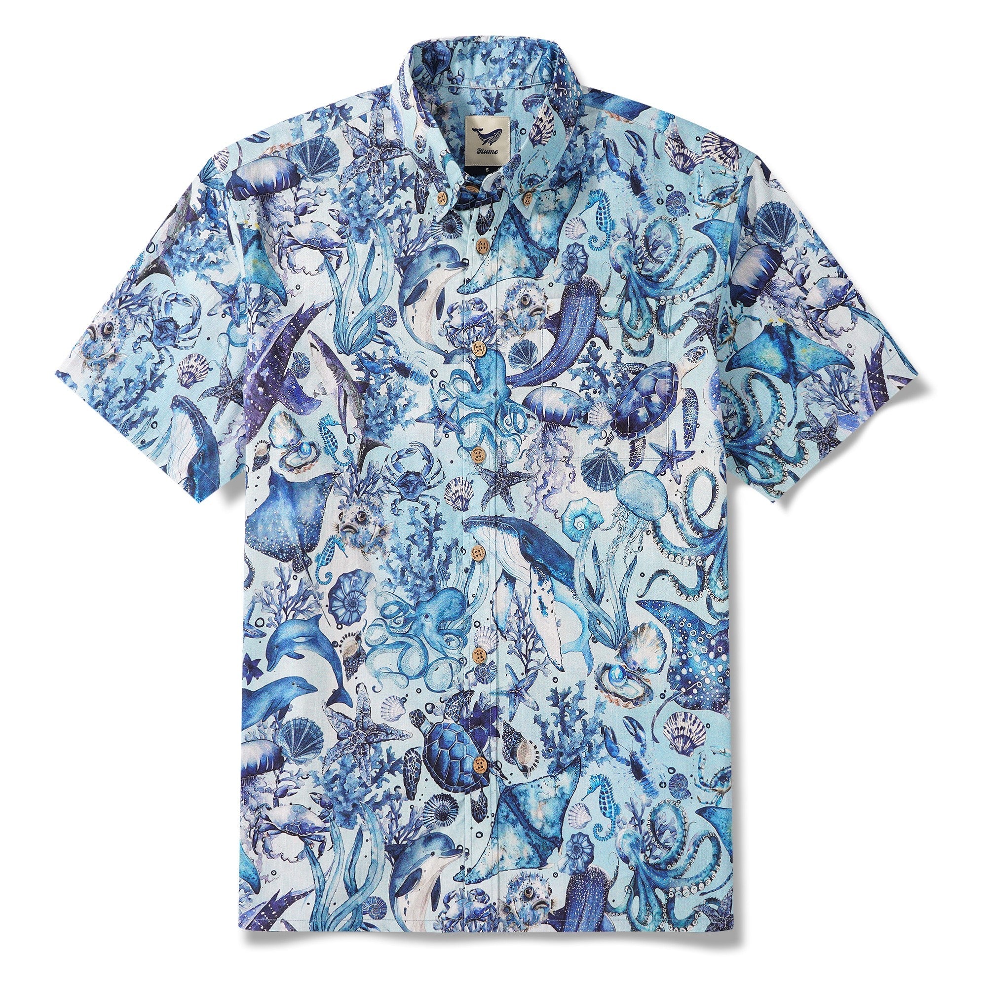 Men's Hawaiian Shirt Short Sleeve Button-down 100% Cotton Blue Aloha Watercolor Ocean By Yakima