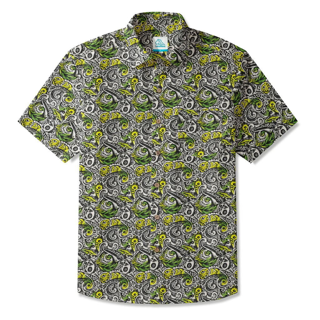 LeosWare® Men's Hawaiian Shirt Short Sleeve Button-up 100% Cotton Black Aloha Polynesian Totem By Ann