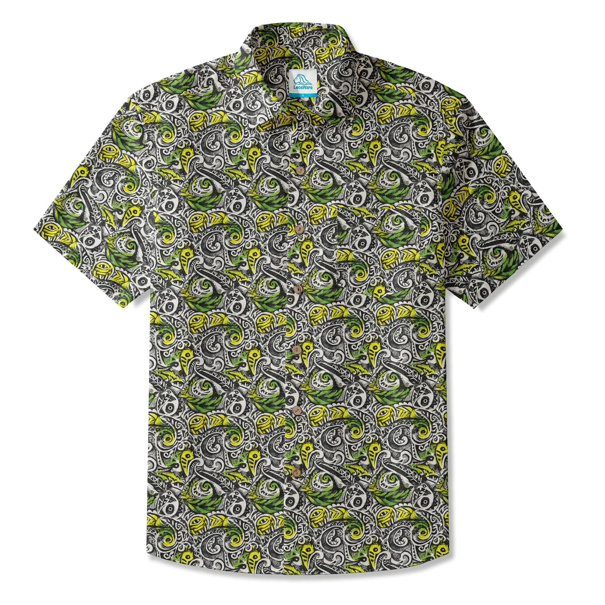 LeosWare® Men's Hawaiian Shirt Short Sleeve Button-up 100% Cotton Black Aloha Polynesian Totem By Ann