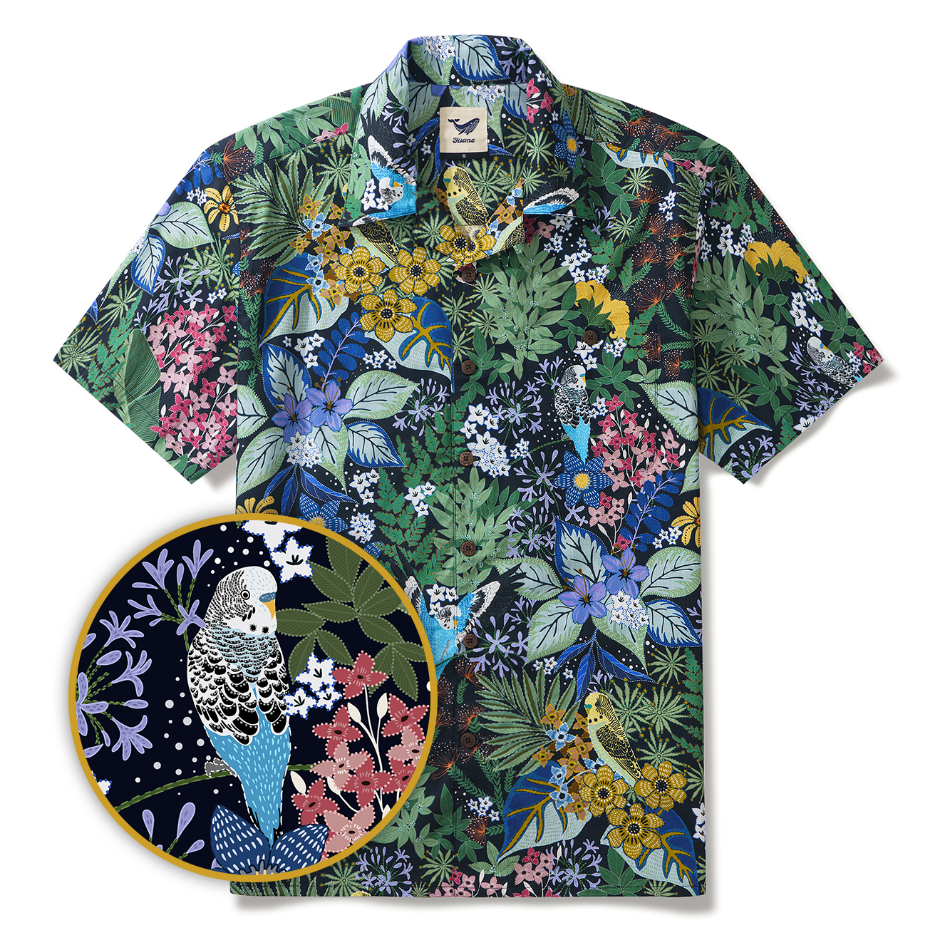 Yiume Tropical Hawaiian Shirt For Men 100% Cotton Short Sleeve Green Camp Collar Parrot Aloha Shirt Parrot's Garden By Zeke