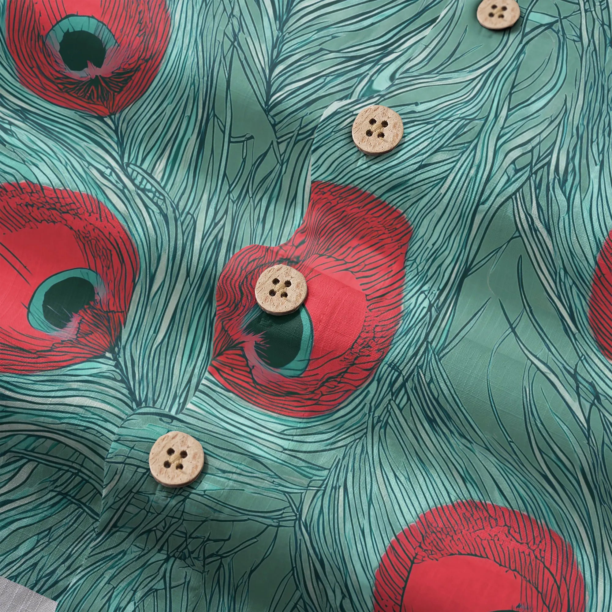 LeosWare® Men's Hawaiian Shirt Short Sleeve Button-up 100% Cotton Green Aloha Crimson Iris Blue Feathers By Ann