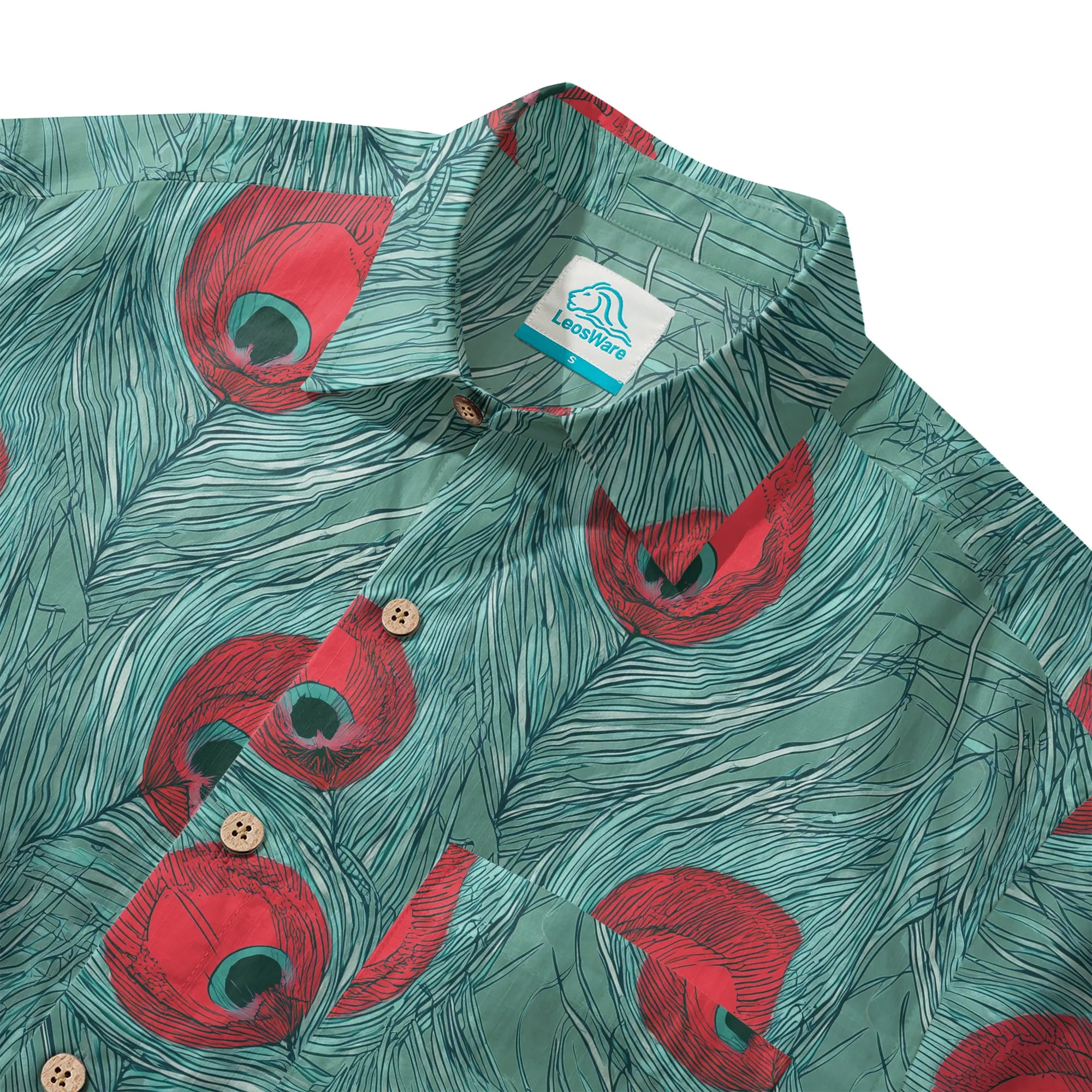 LeosWare® Men's Hawaiian Shirt Short Sleeve Button-up 100% Cotton Green Aloha Crimson Iris Blue Feathers By Ann