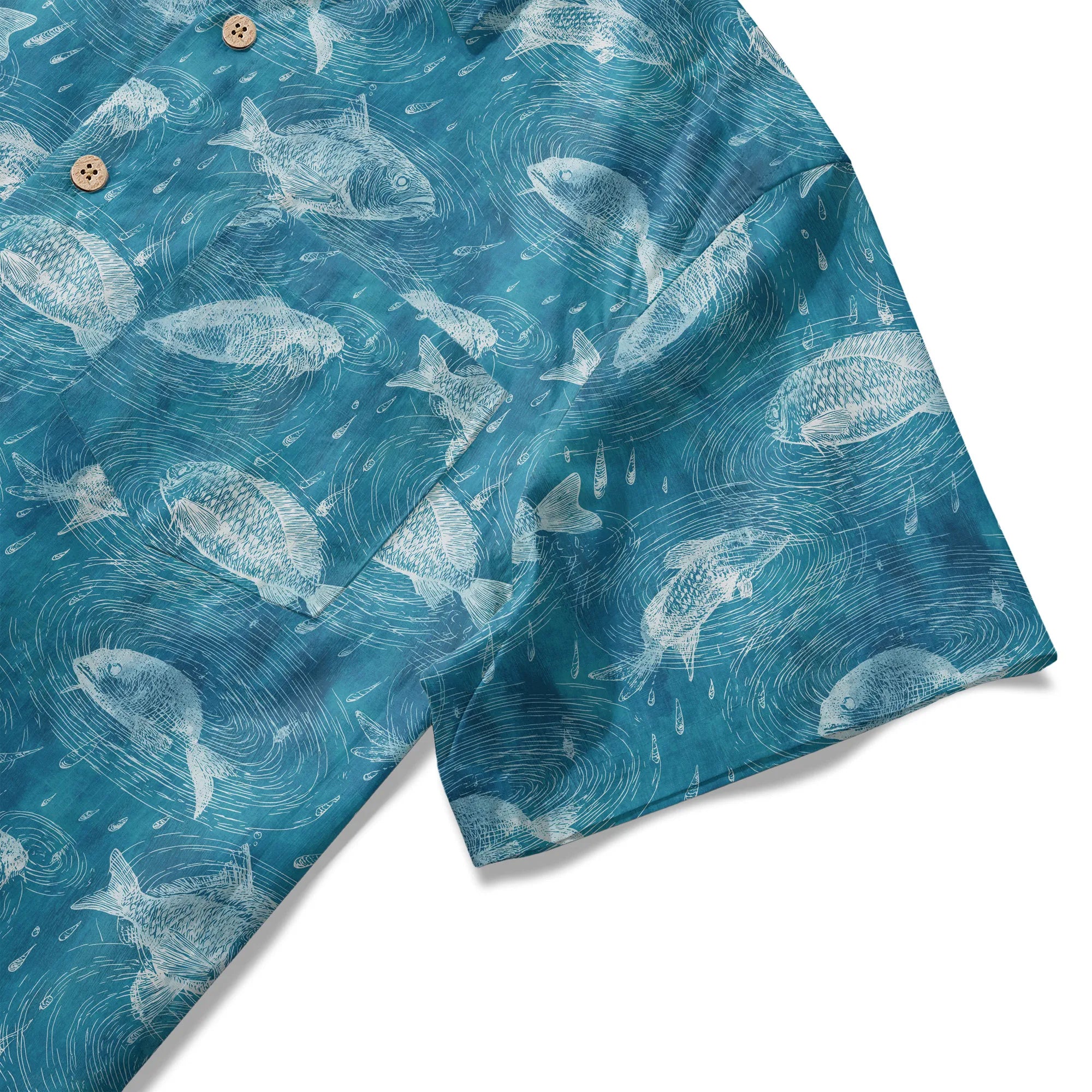 LeosWare® Men's Hawaiian Shirt Short Sleeve Button-up 100% Cotton Aloha Rain Falls On Green Pond By Ann