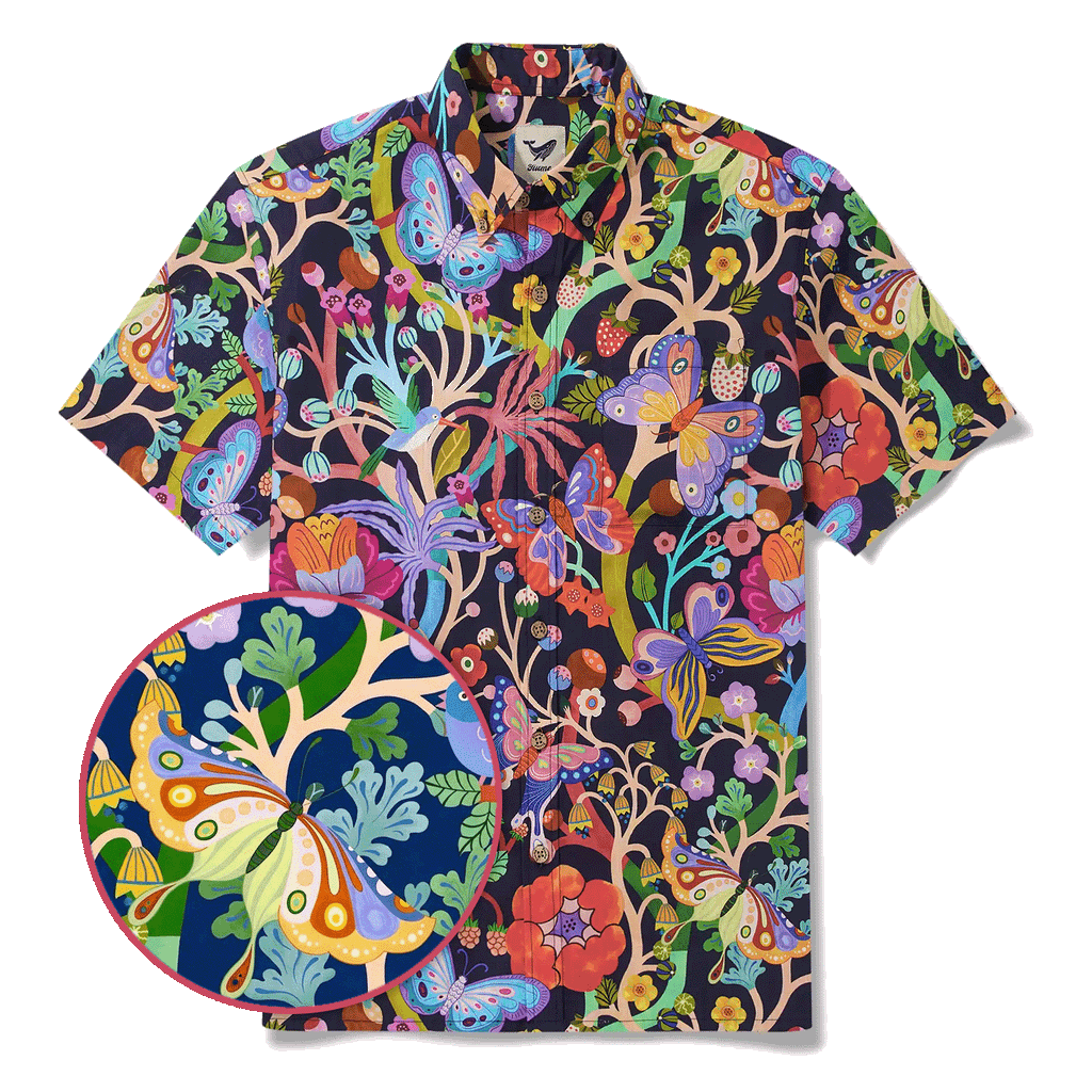 Men's Hawaiian Shirt Short Sleeve Button-down 100% Cotton Blue Aloha Dusk Butterfly Dance By Huan huan