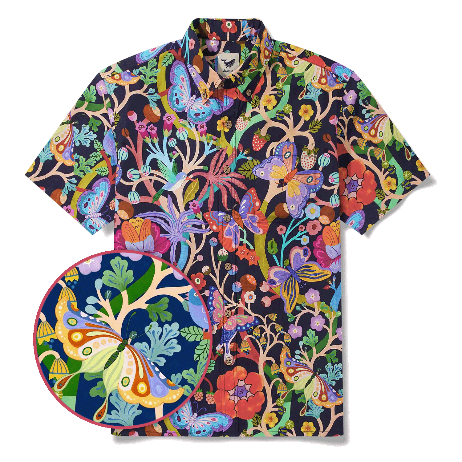Men's Hawaiian Shirt Short Sleeve Button-down 100% Cotton Blue Aloha Dusk Butterfly Dance By Huan huan