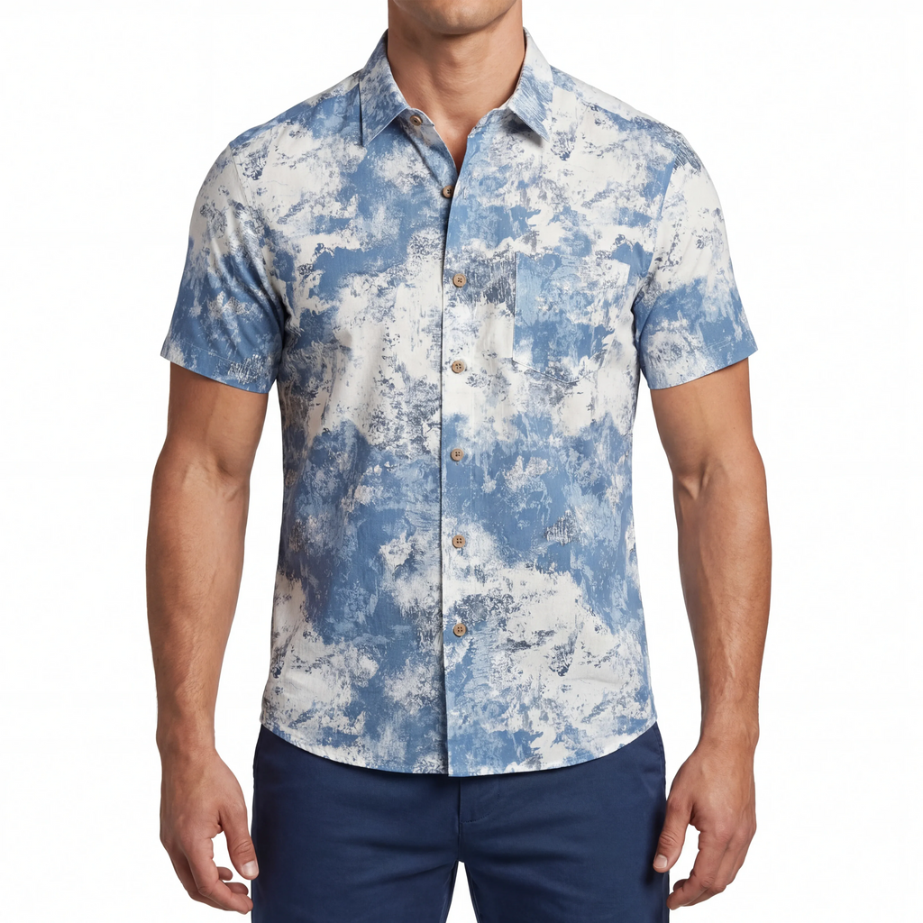 LeosWare® Men's Hawaiian Shirt Short Sleeve Button-up 100% Cotton Blue Aloha Blue And White Abstract Dream By Patch
