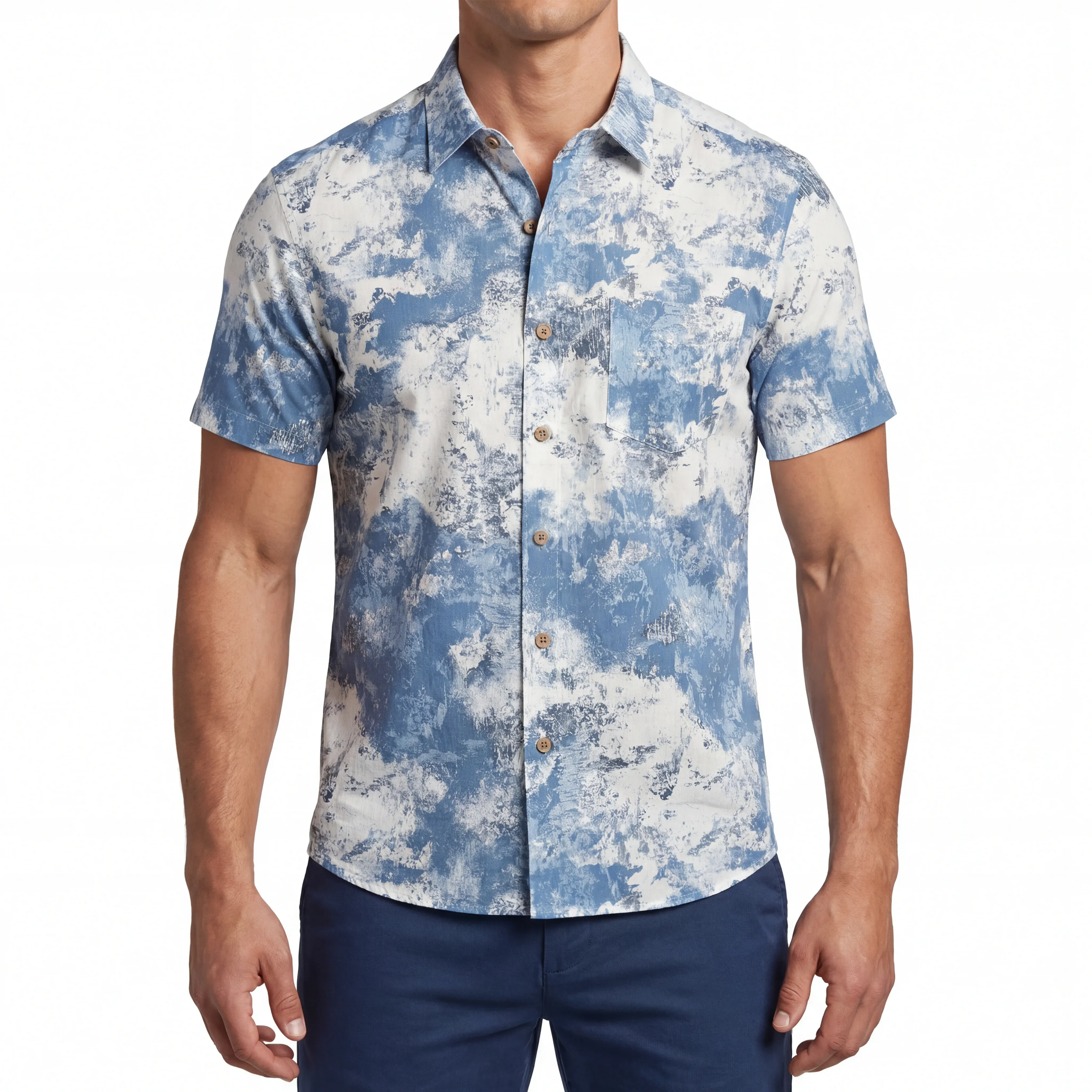 LeosWare® Men's Hawaiian Shirt Short Sleeve Button-up 100% Cotton Blue Aloha Blue And White Abstract Dream By Patch