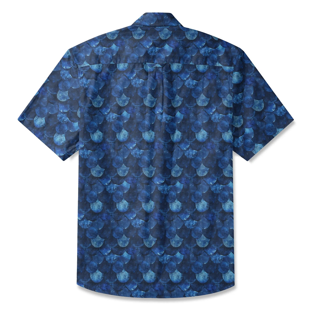 LeosWare® Men's Hawaiian Shirt Short Sleeve Button-up 100% Cotton Blue Aloha Deep Sea Dragon Scales By Ann