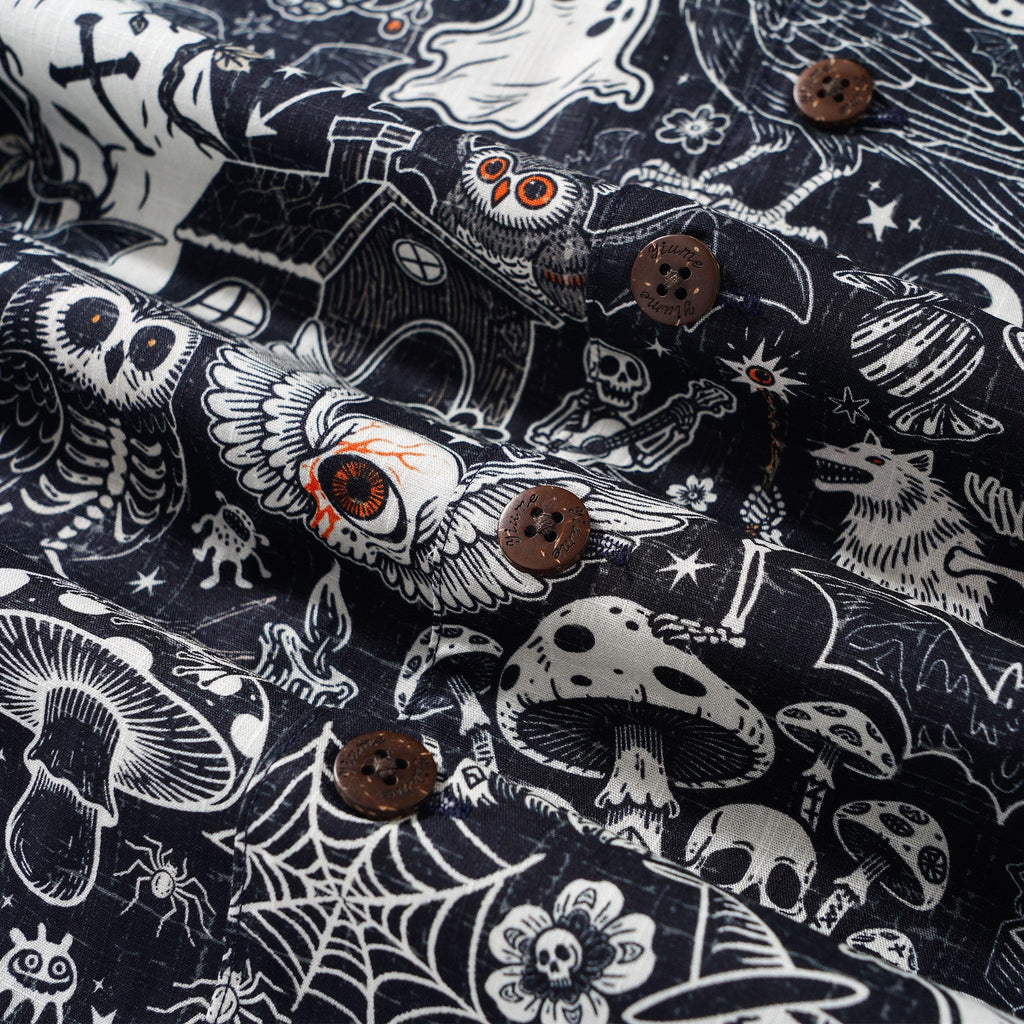 Men's Halloween Shirt Skull Hawaiian Shirt Short Sleeve Camp Collar 100% Cotton Black Halloween Bash By Mo