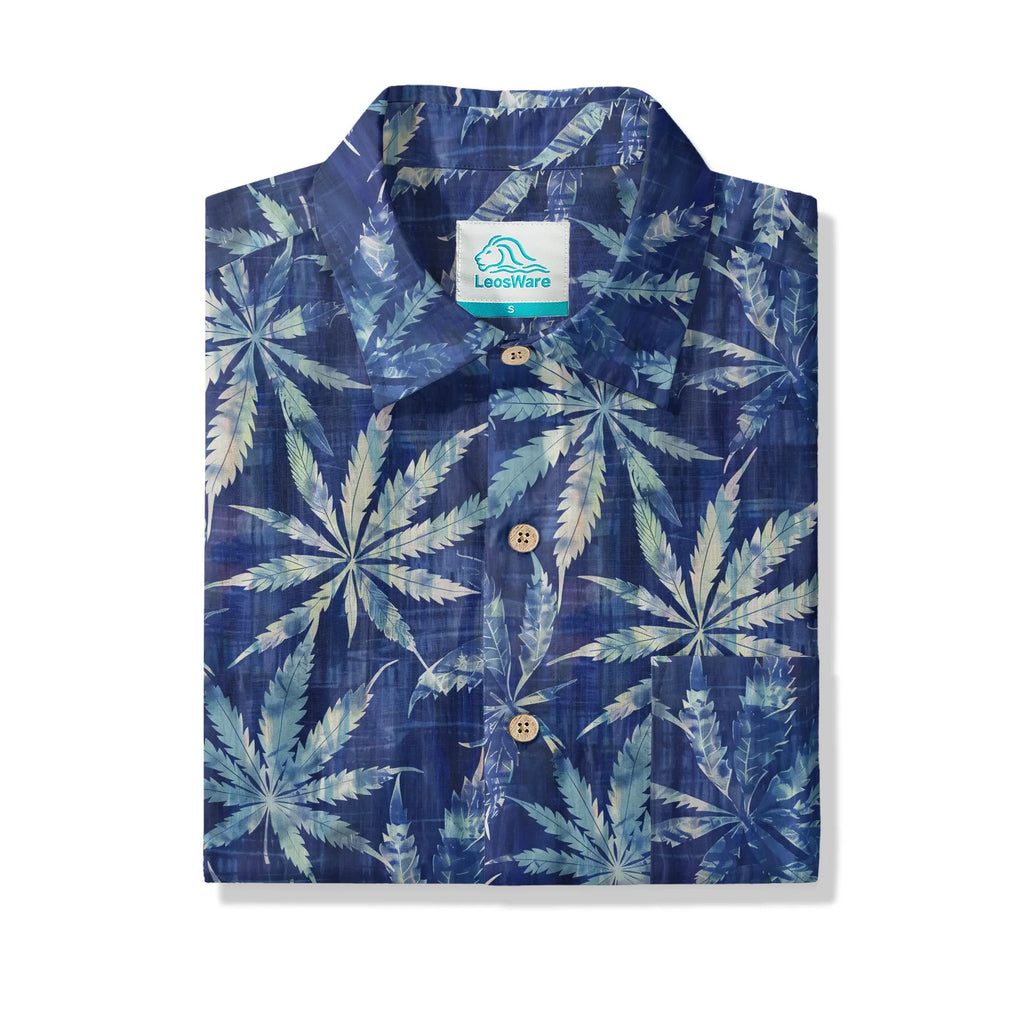 LeosWare® Leaf Men's Hawaiian Shirt Short Sleeve Button-up 100% Cotton Blue Aloha Indigo Dyed Leaves By Ann