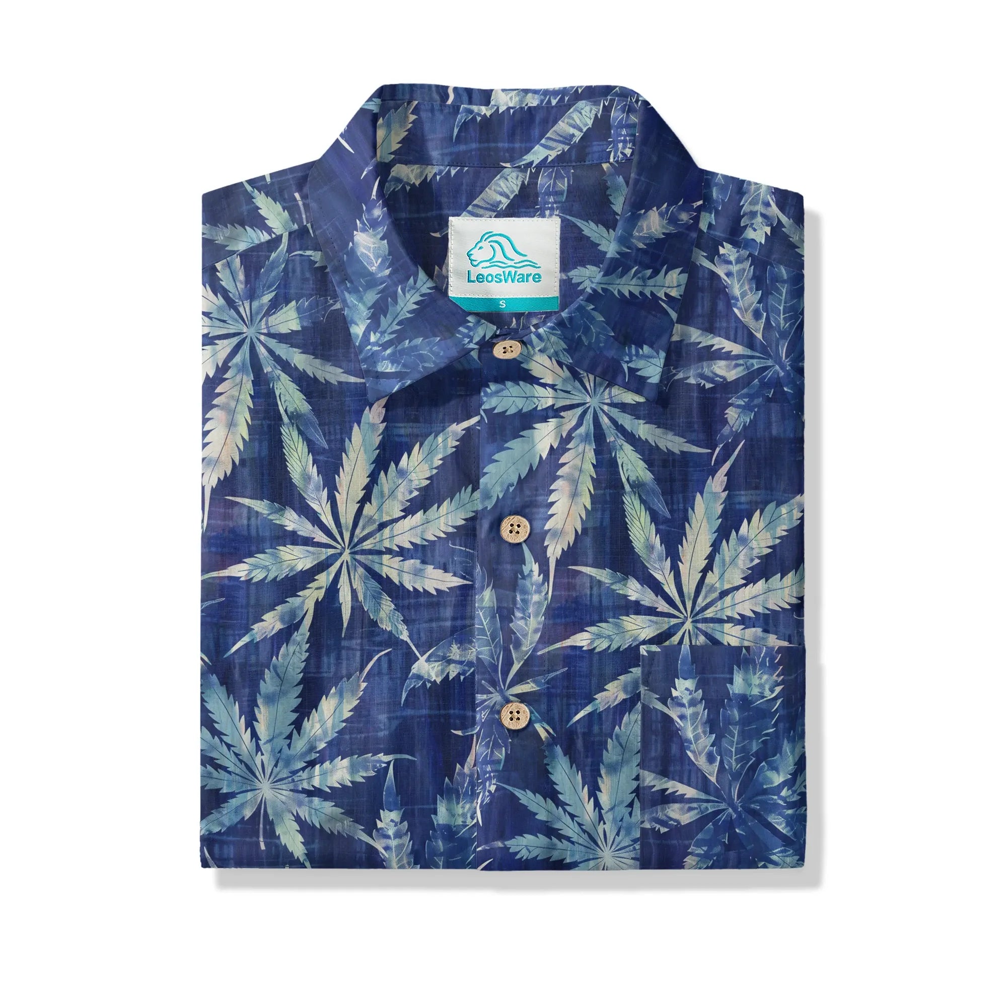 LeosWare® Leaf Men's Hawaiian Shirt Short Sleeve Button-up 100% Cotton Blue Aloha Indigo Dyed Leaves By Ann