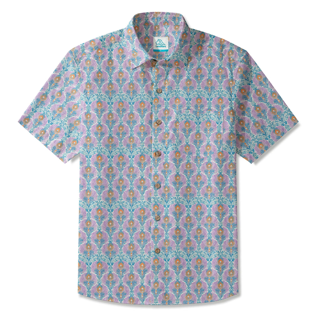 LeosWare® Men's Hawaiian Shirt Short Sleeve Button-up 100% Cotton Aloha Indian Finch Totem By Ann