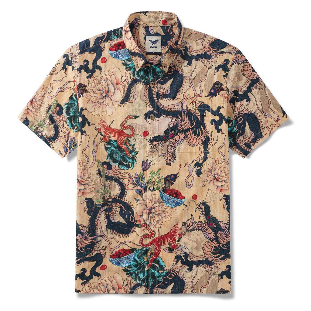 Dragon Shirt 100% Cotton Hawaiian Shirt Men's Short Sleeve Button-down Shirt Aloha Shirt Dragon Dance And Cherry Blossoms By Sylvia