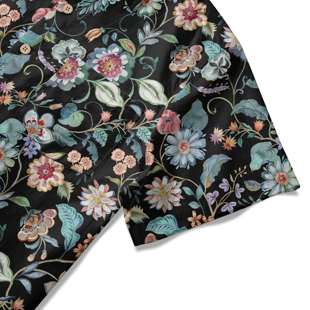 LeosWare® Men's Hawaiian Shirt Short Sleeve Button-up 100% Cotton Blue Aloha Black Garden Splendor By Huan huan