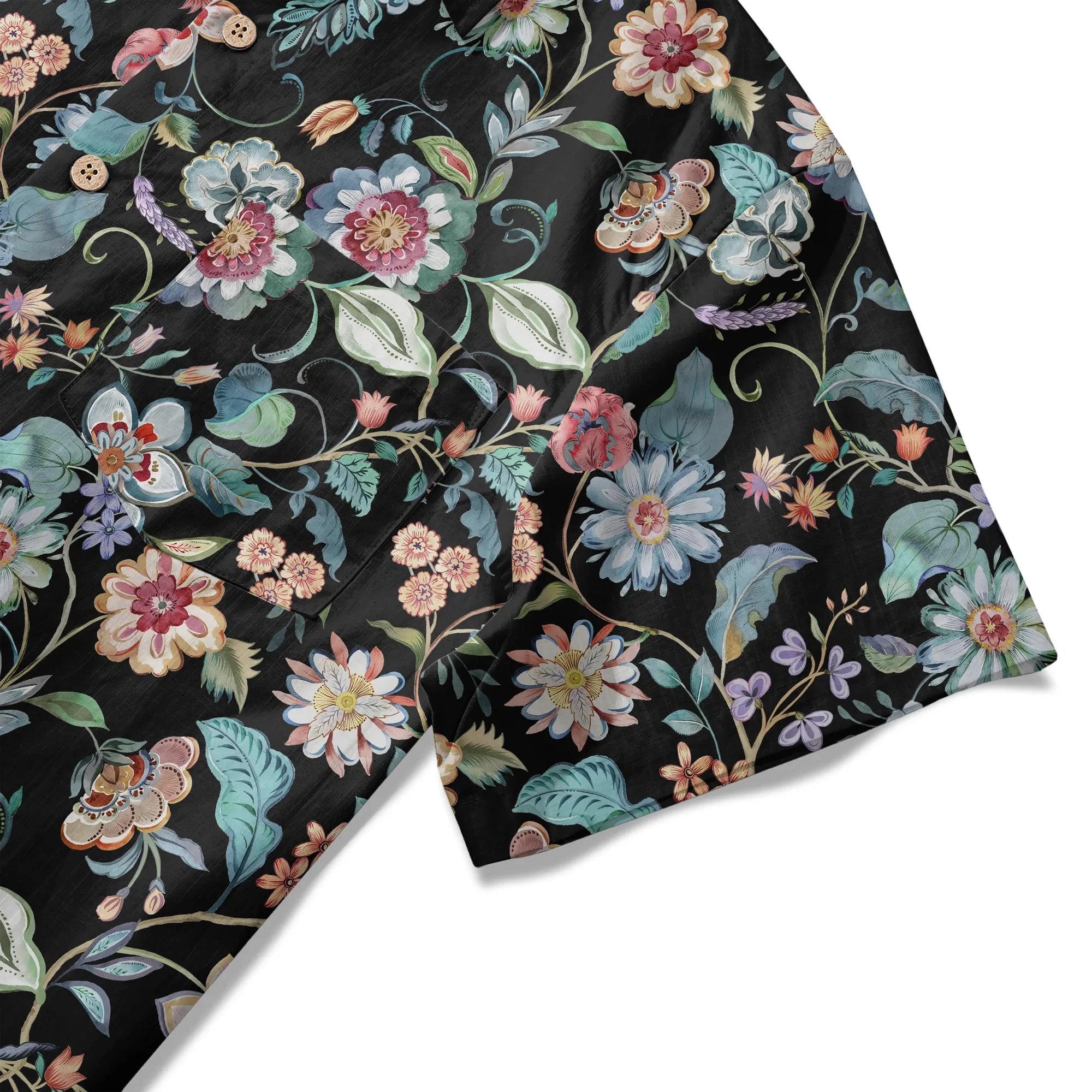 LeosWare® Men's Hawaiian Shirt Short Sleeve Button-up 100% Cotton Blue Aloha Black Garden Splendor By Huan huan