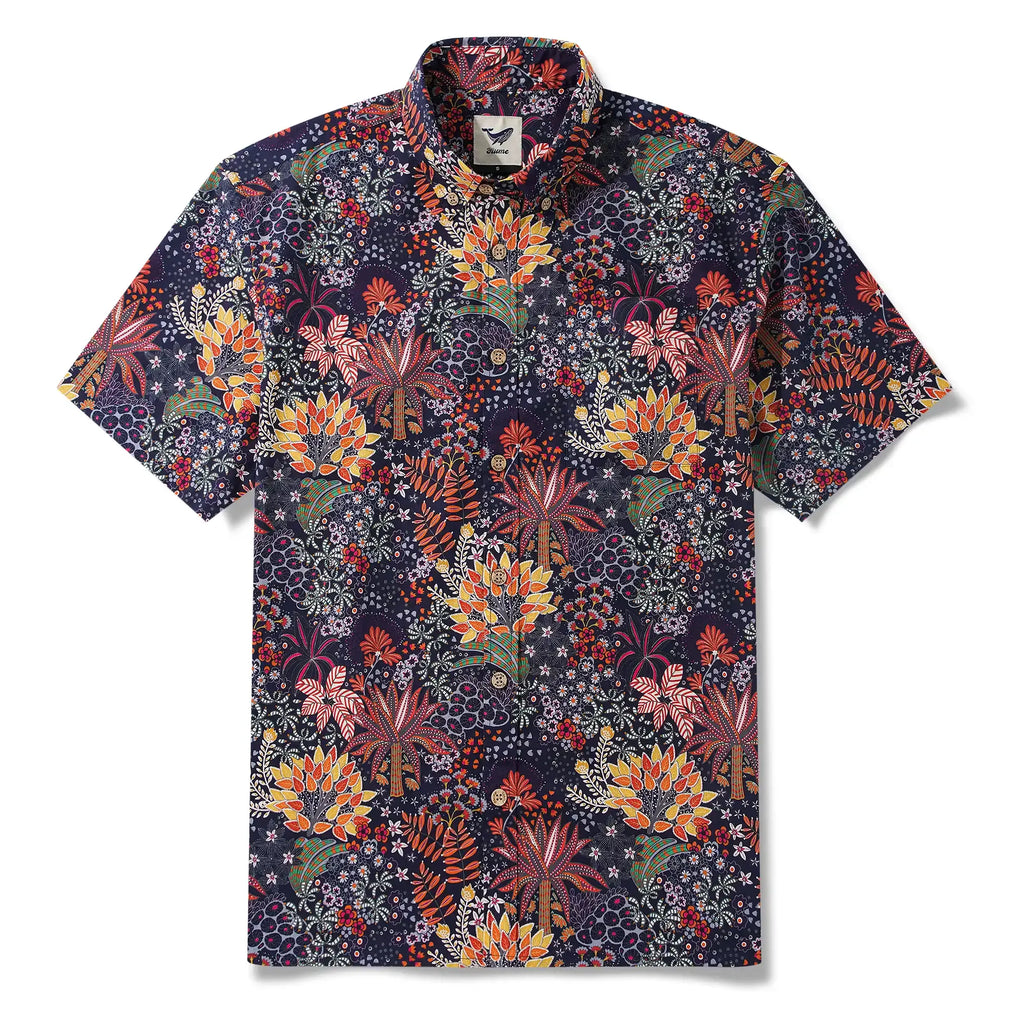1950s Tropical Hawaiian Shirt For Men Print Short Sleeve 100% Cotton Red Shirt Aloha Quirky Plants By Sylvia