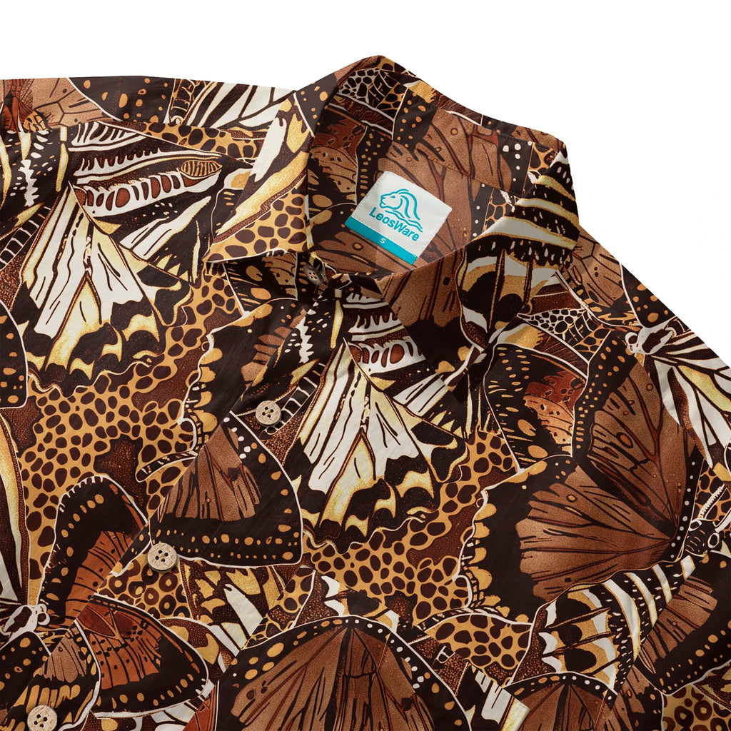 LeosWare® Men's Hawaiian Shirt Short Sleeve Button-up 100% Cotton Brown Aloha Butterfly Haven By Ann