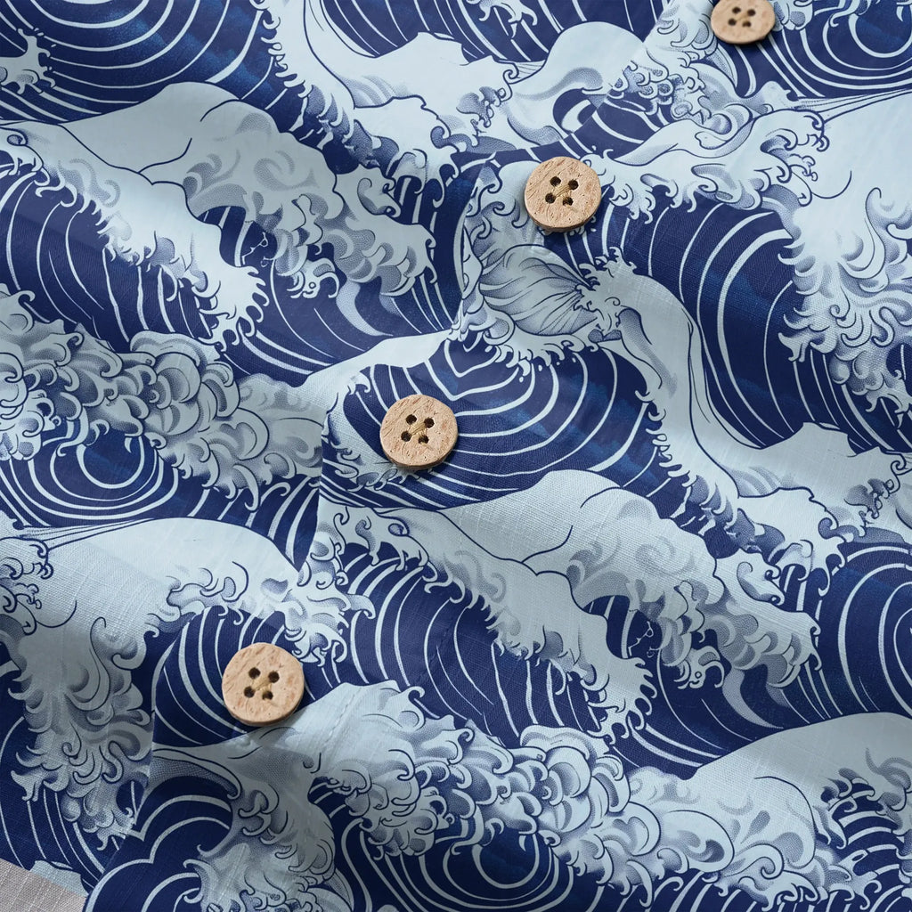 LeosWare® Men's Hawaiian Shirt Short Sleeve Button-up 100% Cotton Blue Aloha Blue Wave World By Ann