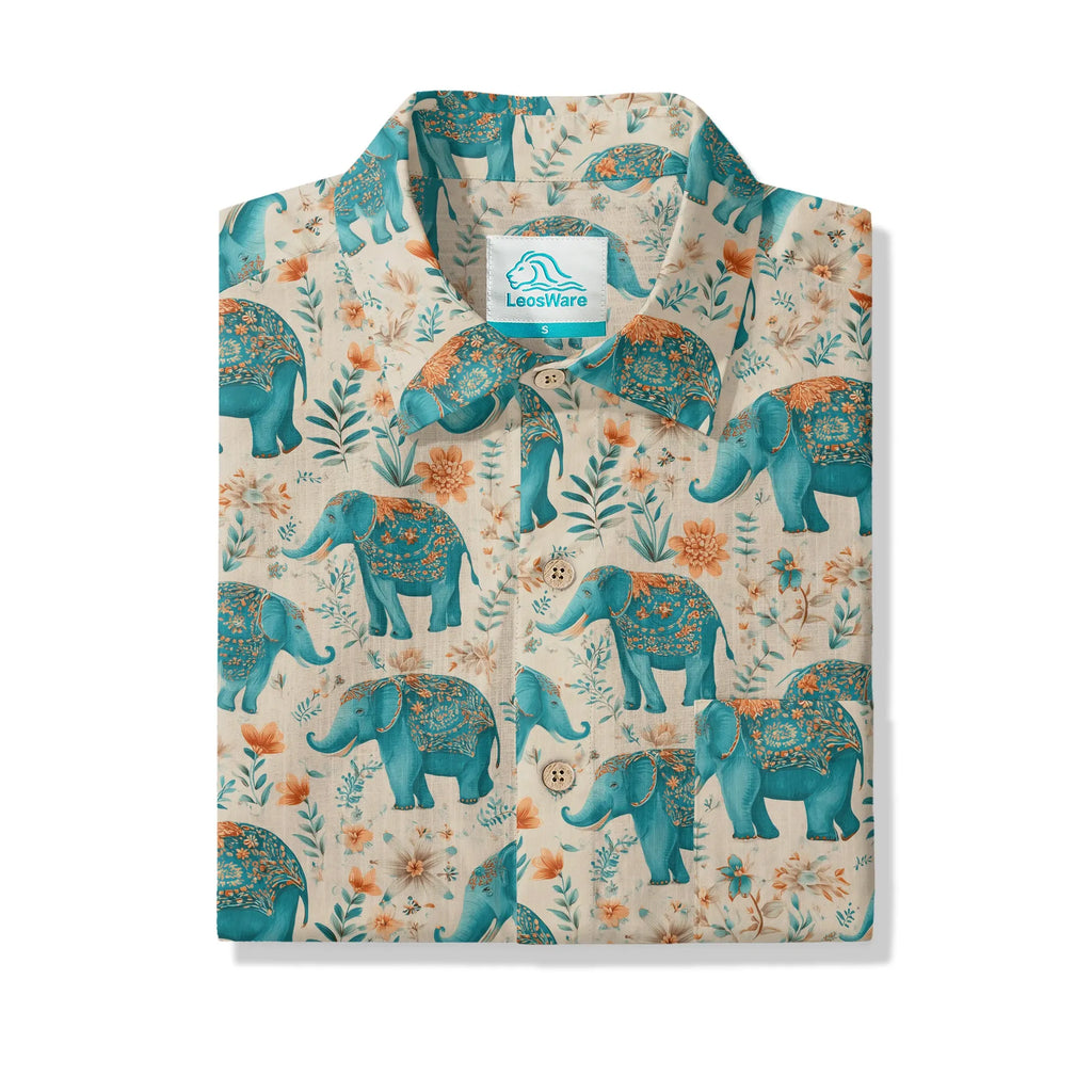 Elephant LeosWare® Men's Hawaiian Shirt Short Sleeve Button-up 100% Cotton Beige Aloha Blue Elephant Blossoms By Ann