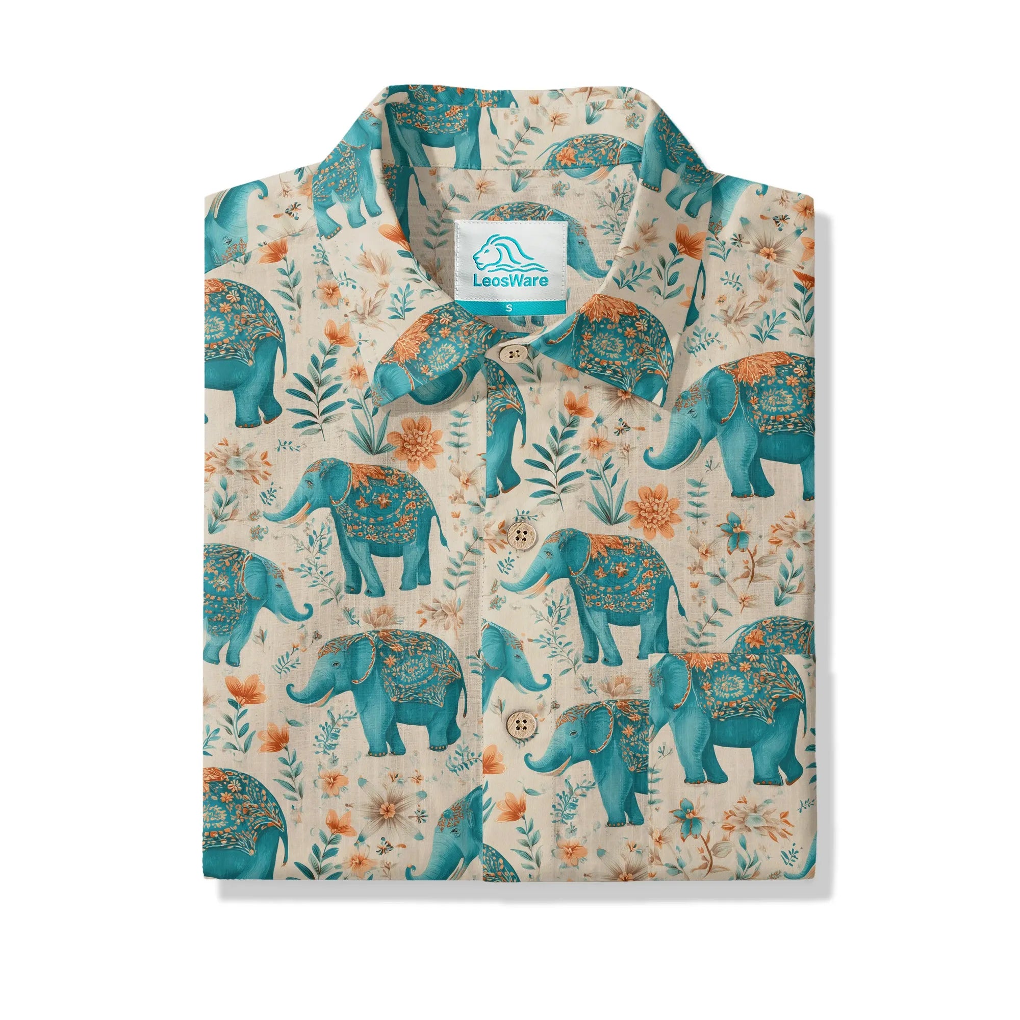 Elephant LeosWare® Men's Hawaiian Shirt Short Sleeve Button-up 100% Cotton Beige Aloha Blue Elephant Blossoms By Ann