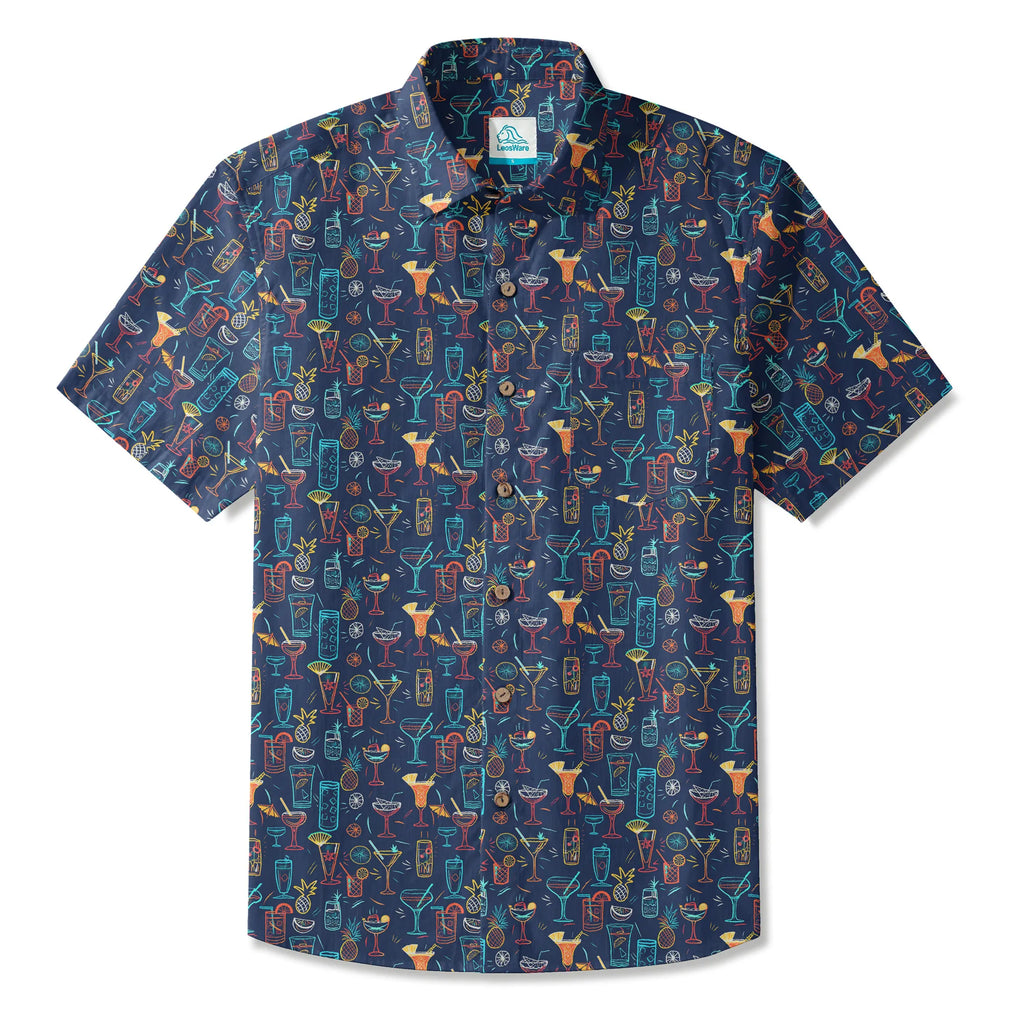 LeosWare® Men's Hawaiian Shirt Short Sleeve Button-up 100% Cotton Blue Aloha Neon Cocktail Night By Ann