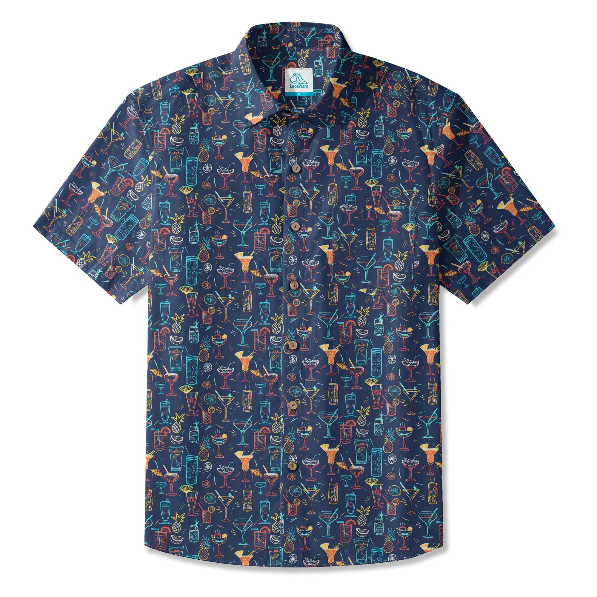 LeosWare® Men's Hawaiian Shirt Short Sleeve Button-up 100% Cotton Blue Aloha Neon Cocktail Night By Ann
