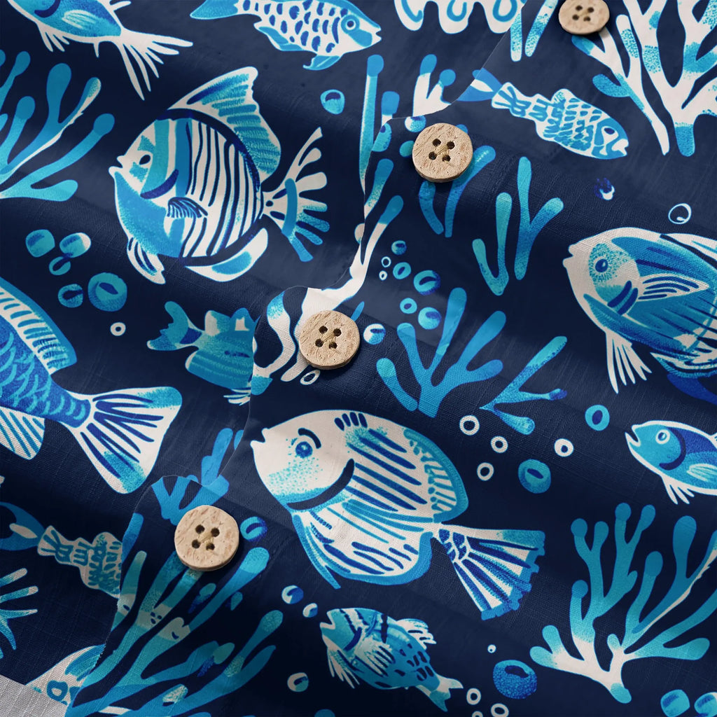 LeosWare® Men's Hawaiian Shirt Short Sleeve Button-up 100% Cotton Blue Coral Aloha Deep Blue Fish Whisper By Ann
