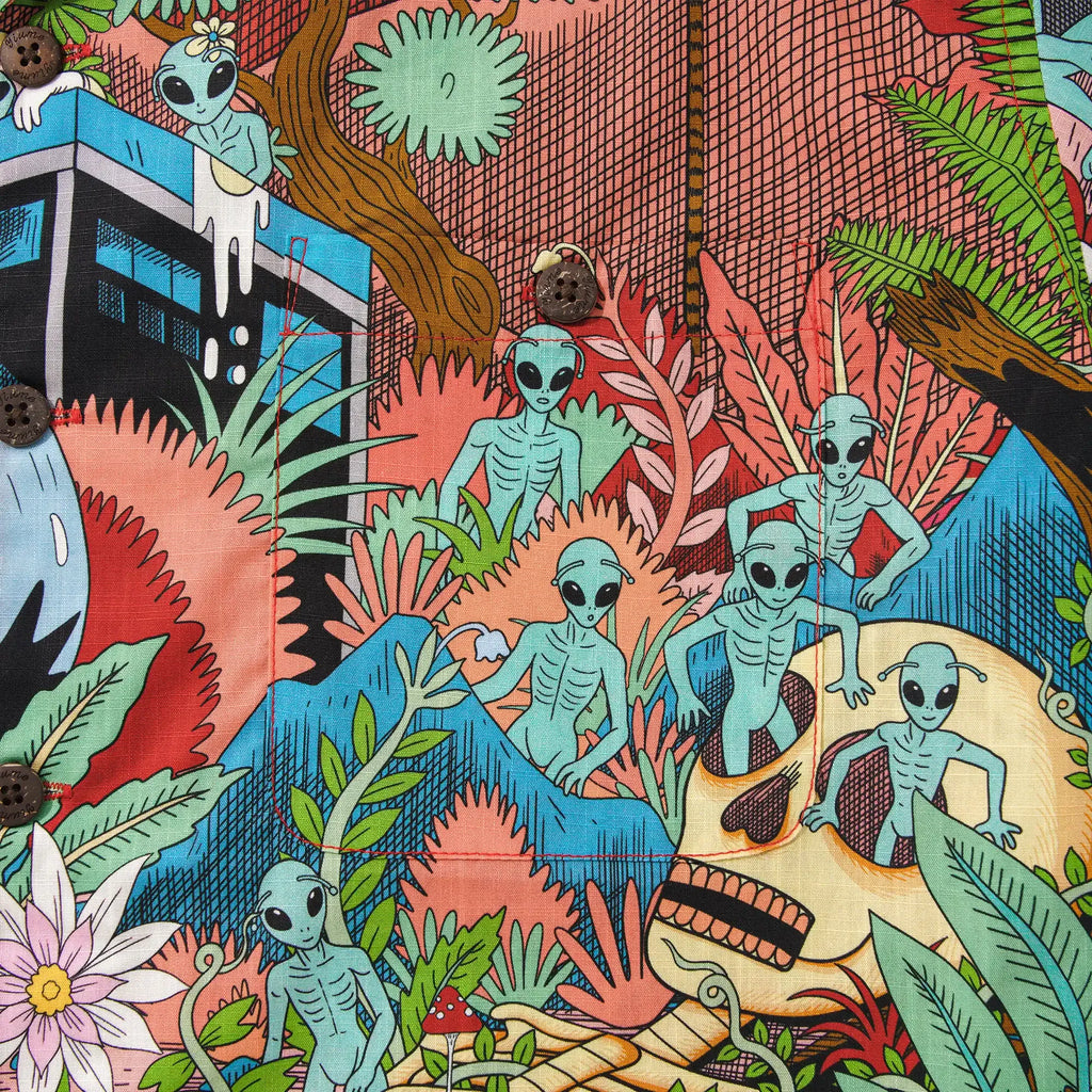 Men's Hawaiian Shirt Short Sleeve Camp Collar 100% Cotton Green Aloha Alien Galactic Garden By Huan huan