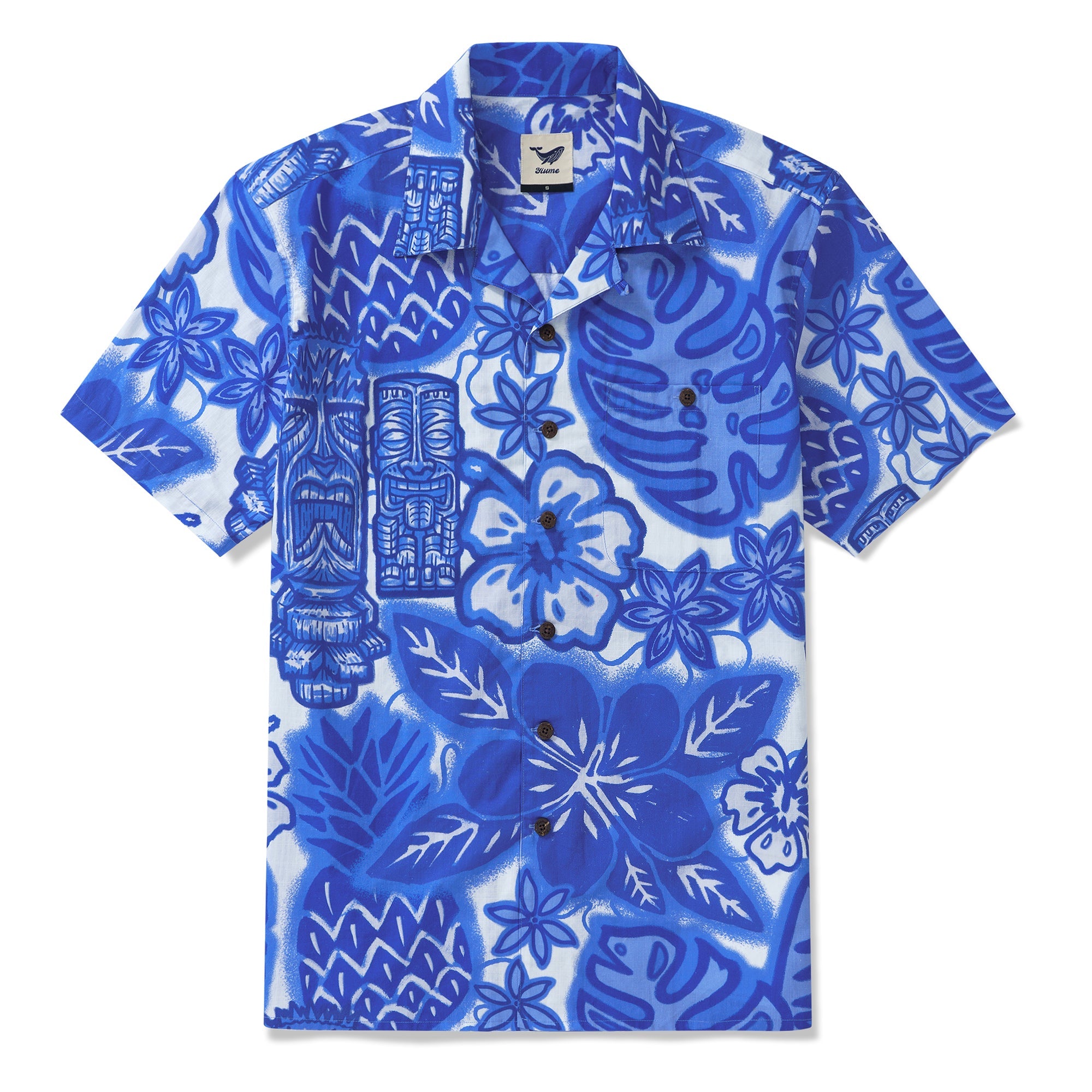 100% Cotton Hawaiian Shirt For Men Blue Tiki Camp Collar Aloha Shirt By Sun