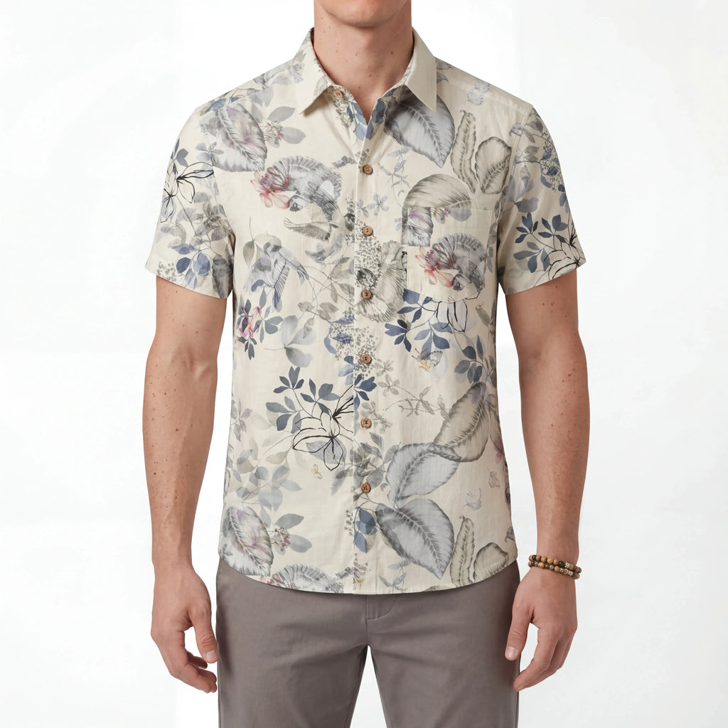 LeosWare® Men's Hawaiian Shirt Short Sleeve Button-up 100% Cotton Gray Aloha Dreamy Soft Botanicals By Huan huan