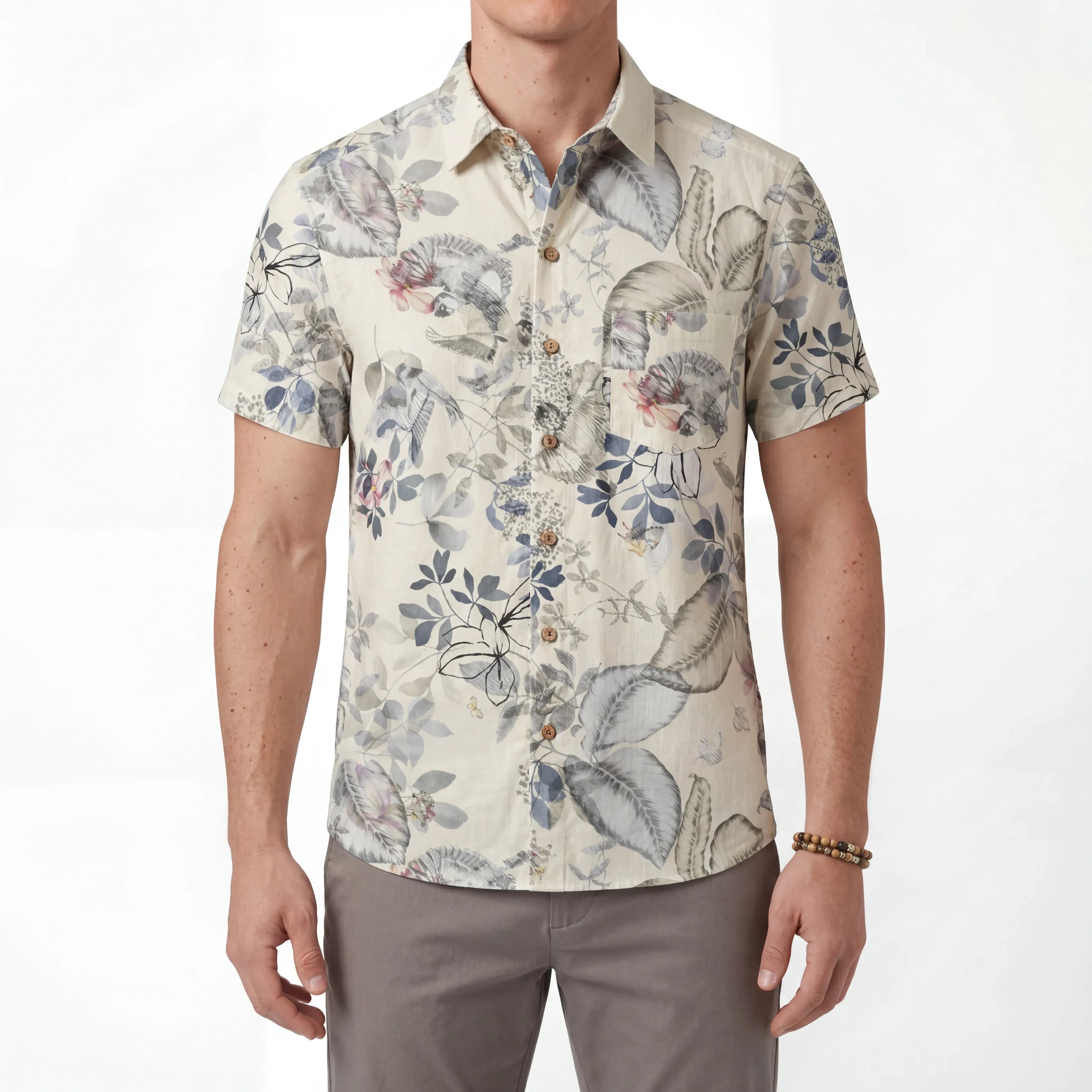 LeosWare® Men's Hawaiian Shirt Short Sleeve Button-up 100% Cotton Gray Aloha Dreamy Soft Botanicals By Huan huan
