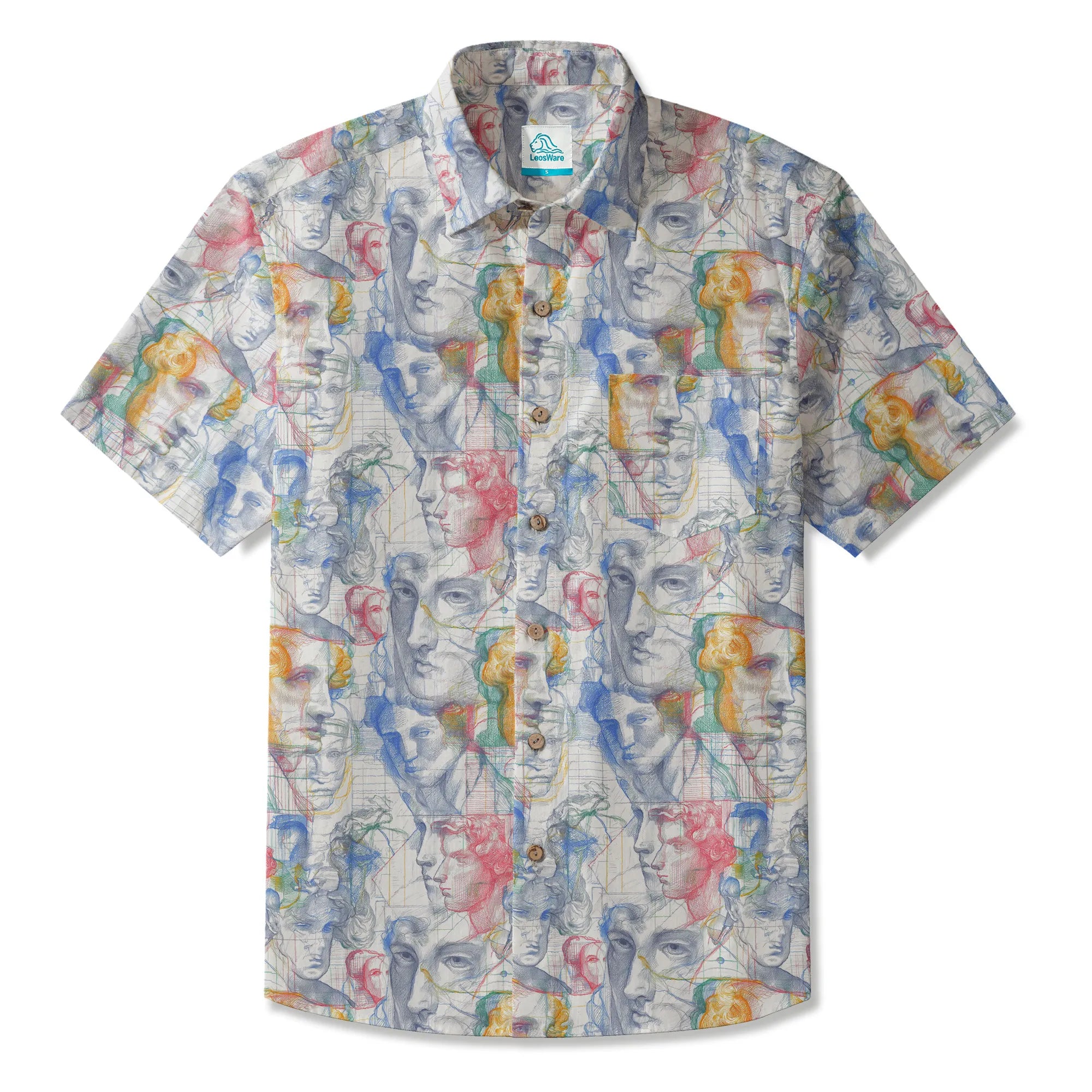 LeosWare® Men's Hawaiian Shirt Short Sleeve Button-up 100% Cotton White Aloha Master Sketch Fantasia By Ann