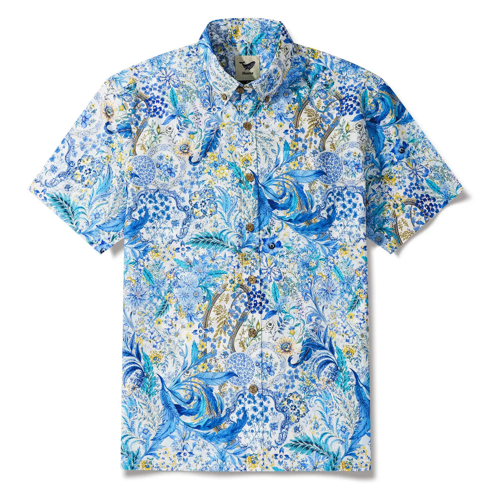 Men's Hawaiian Shirt Short Sleeve Button-down 100% Cotton Blue Aloha Sicilian Bloom By Mo